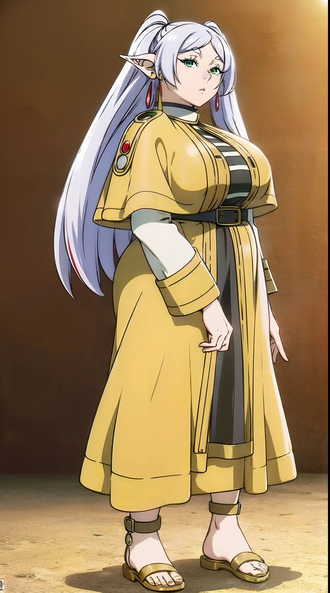 frieren, 1girl, earrings, elf, long hair, pointy ears, solo, twintails, green eyes, white hair, looking at viewer, full body, flipflops, bimbo, curvy, huge breasts, sword holding, oil painting, fantasy, vibrant colors, soft lighting
