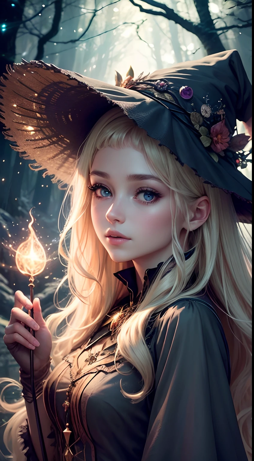 (Best quality,4K,8K,A high resolution,Masterpiece:1.2),Ultra-detailed,(Realistic,Photorealistic,photo-realistic:1.37),Anime style,[witch,the witch,Fantasy Girl,Anime girl],Beautiful detailed eyes,beautiful detailed lips,Extremely detailed eyes and face,Long eyelashes,Blonde hair fluttering in the wind,[Enchanted,an enchanted forest,mystical forest,a magical forest],A magical glowing light,glistening stars,forest creatures,Whimsical atmosphere,peaceful and serene,Gentle breeze,Witch hat,Witch Staff,glowing magical runes,casting spells,Beautiful moonlit sky,Mysterious Shadows,twinkling fireflies,Ethereal beauty,Soothing colors,Fantasy elements,enchanting atmosphere,magical essence,otherworldly charm,harmony of nature,Peace and tranquility,soft and fantastic,A constant stream of magic,Enchanted aura,Storybook-like scenes,Surreal and captivating.