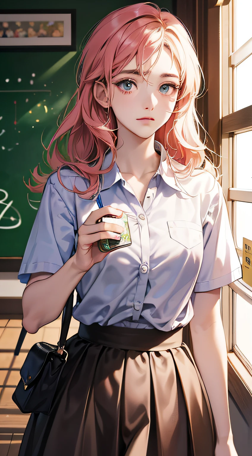 (escola, morning, Cereja, visual principal do anime, 8K resolution concept art, soft lighting, beautiful composition, Jogo de Luz, colorido, movimento, fotorrealista, ultra detalhado, master part, poster, papel de parede, 1 :4 Turning to the Camera), 1 , cabelo rosa longo, olhos verdes, (no expression) Uniforme escolar, in front of the school