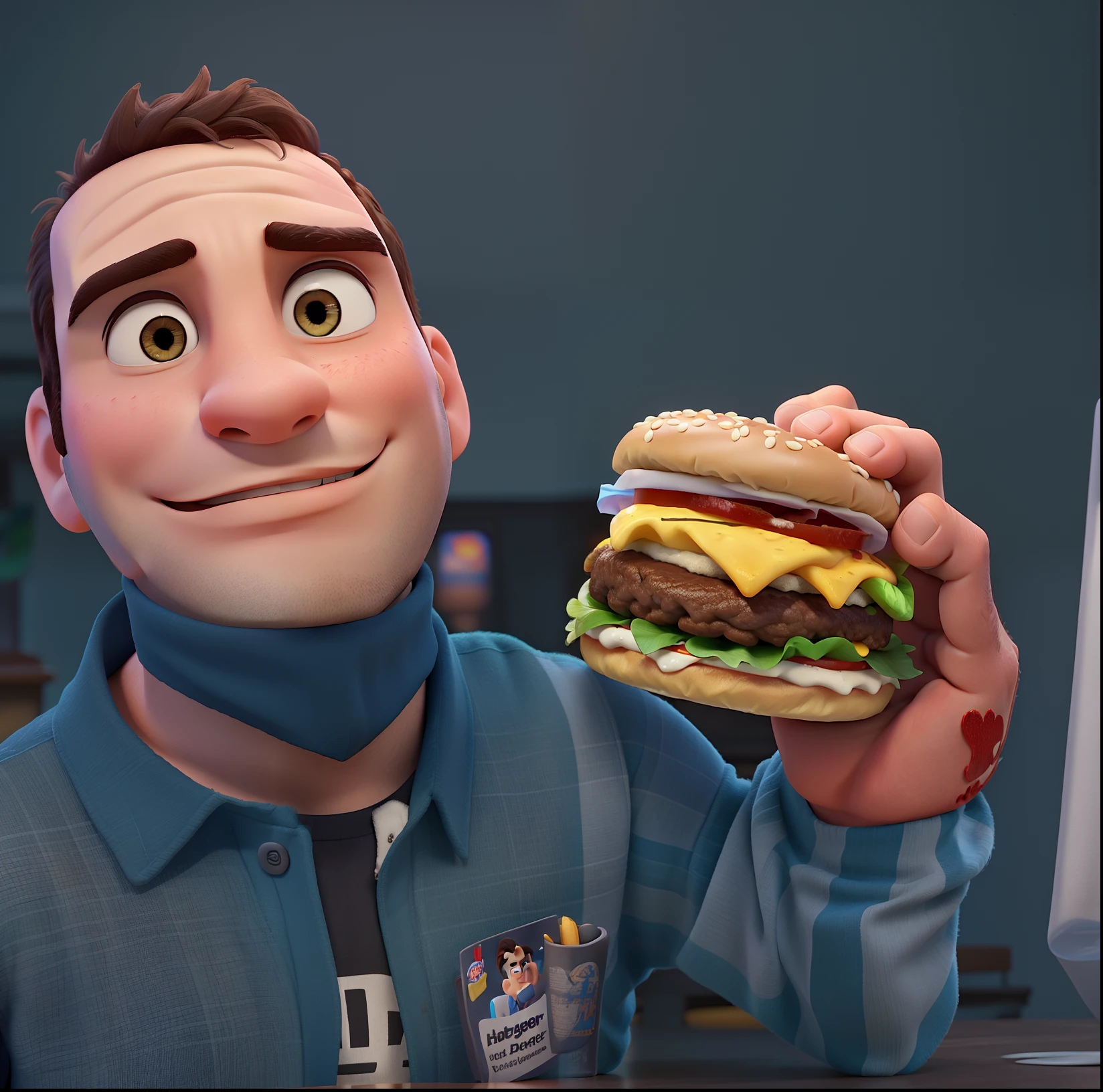 Man with hamburger in hand Disney pixar style, alta qualidade, melhor qualidade
