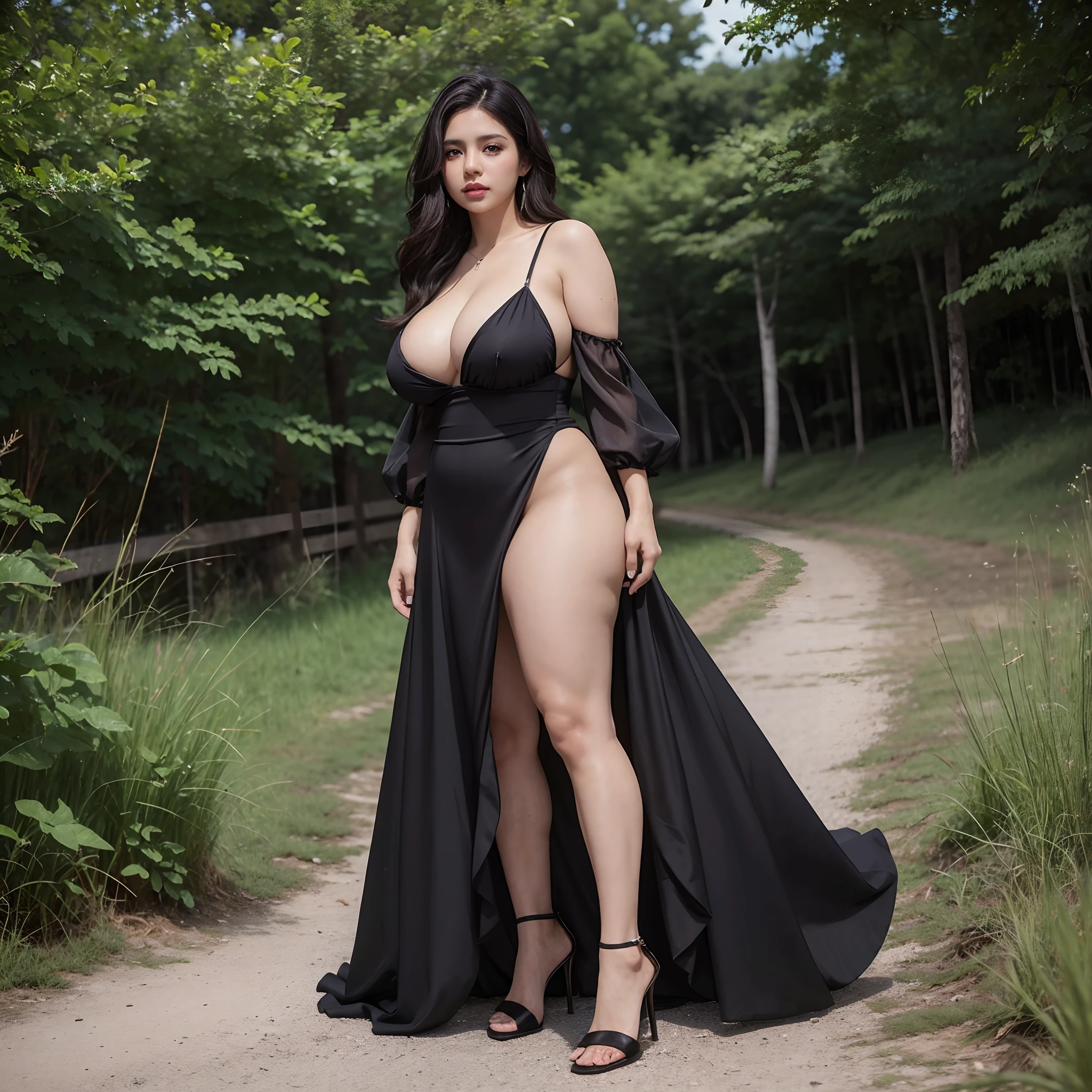 A beautiful 28 Yrs Old Mexican Hispanic Latina female, young, white skin tone, black hair. Eye Color is Brown, Busty, Curvy, sexy Body, standing, posing, comfortable, black gown, and high heels, rural countryside setting, day time, photorealistic, very detailed, close-up shot