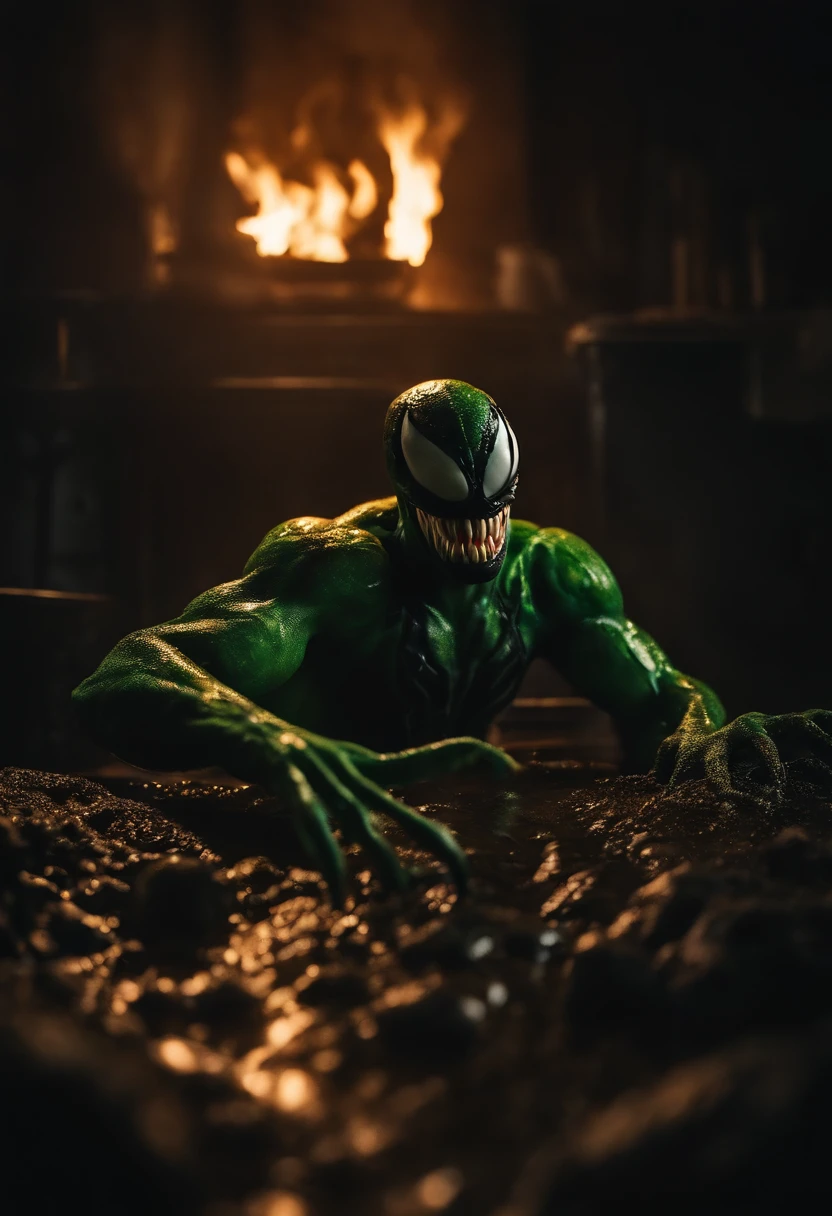 Woman crying on all fours with green skin and a frog head