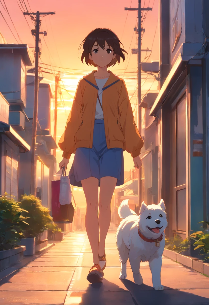 A beautiful woman takes a walk with a white puppy in the sunset