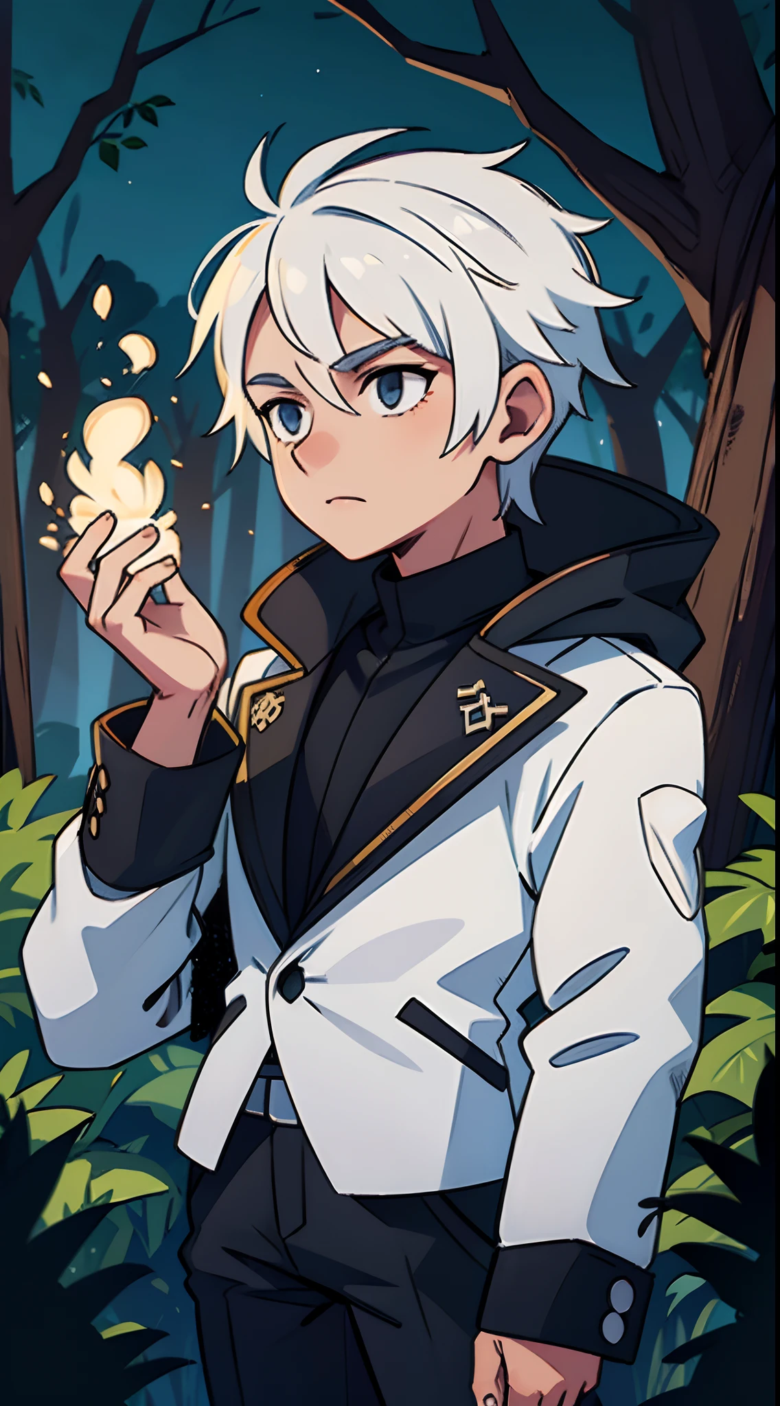 1 male, white haired, black coat, in forest, night time, high quality