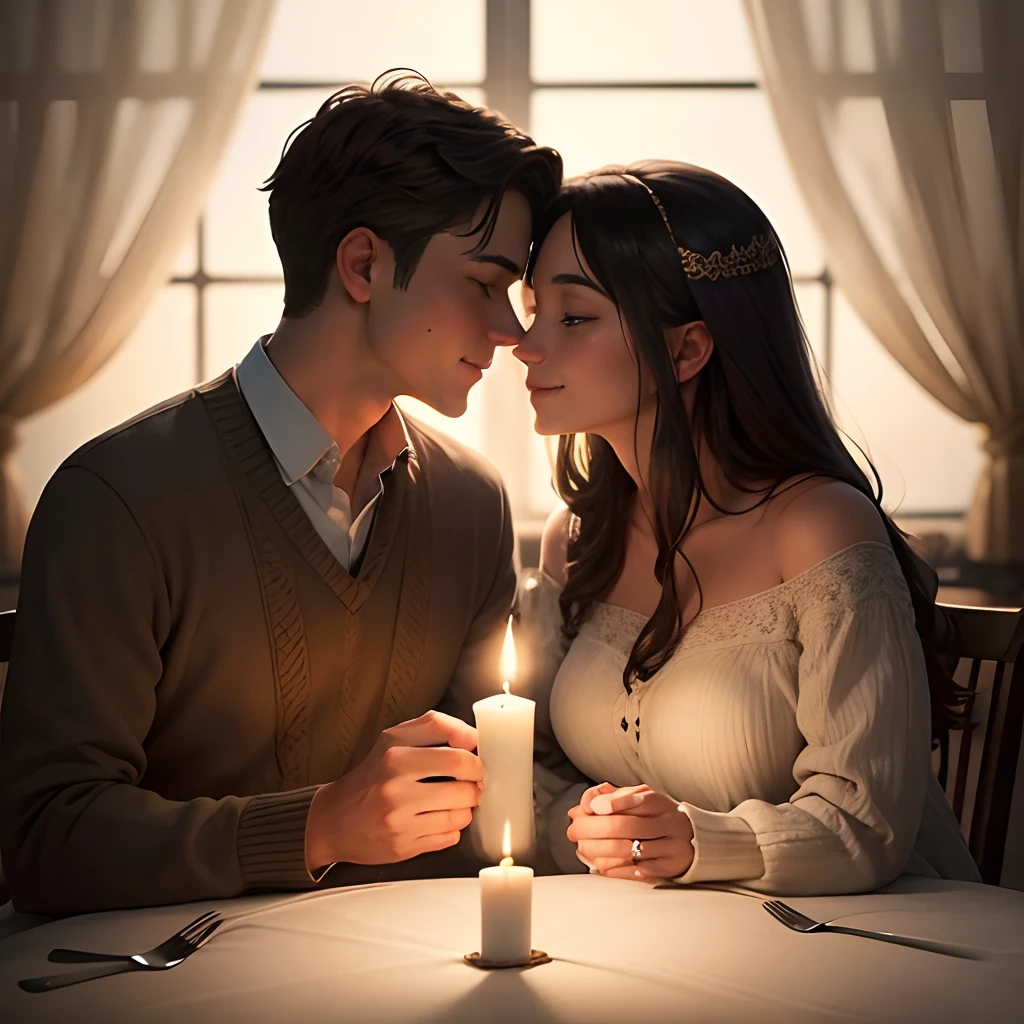 "Picture a cozy candlelit dinner scene: a couple sitting at a beautifully adorned table, with soft music playing in the background. As they share a delicious meal, their eyes are locked in a deep, loving gaze. The warm glow of the candles illuminates their faces, capturing the tenderness and affection they have for each other. Capture this enchanting moment in an illustration that portrays their connection, love, and the undeniable magic of their relationship."