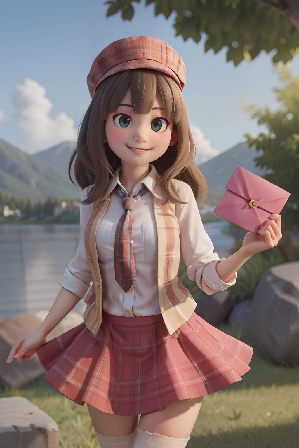 masterpiece, high quality best quality,1girl, bangs, beach, blue_sky, blush, bow, breasts, checkered, checkered_shirt, checkered_skirt, cloud, cloudy_sky, collarbone, day, envelope, giving, grass, hair_bow, heart, holding, holding_letter, horizon, incoming_gift, kazami_yuuka, leaning_forward, lens_flare, letter, light_rays, long_hair, looking_at_viewer, love_letter, mountain, mountainous_horizon, ocean, outdoors, plaid, plaid_background, plaid_bikini, plaid_bow, plaid_bowtie, plaid_bra, plaid_dress, plaid_headwear, plaid_jacket, plaid_legwear, plaid_necktie, plaid_neckwear, plaid_panties, plaid_pants, plaid_ribbon, plaid_scarf, plaid_shirt, plaid_skirt, plaid_vest, pov, shirt, skirt, sky, smile, solo, sun, sunbeam, sunlight, tree, unmoving_pattern