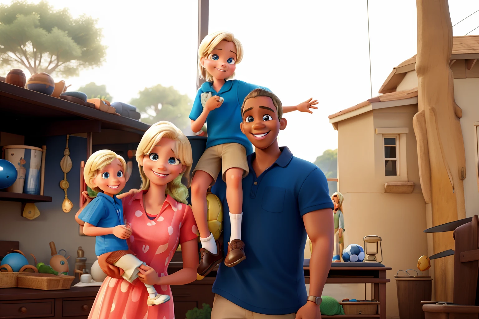 A Disney pixar-style photo of a family with a smiling blonde woman with her dark-skinned husband smiling. They have two happy blond children. The older boy has a soccer ball in his hand and the younger one a toy helicopter.