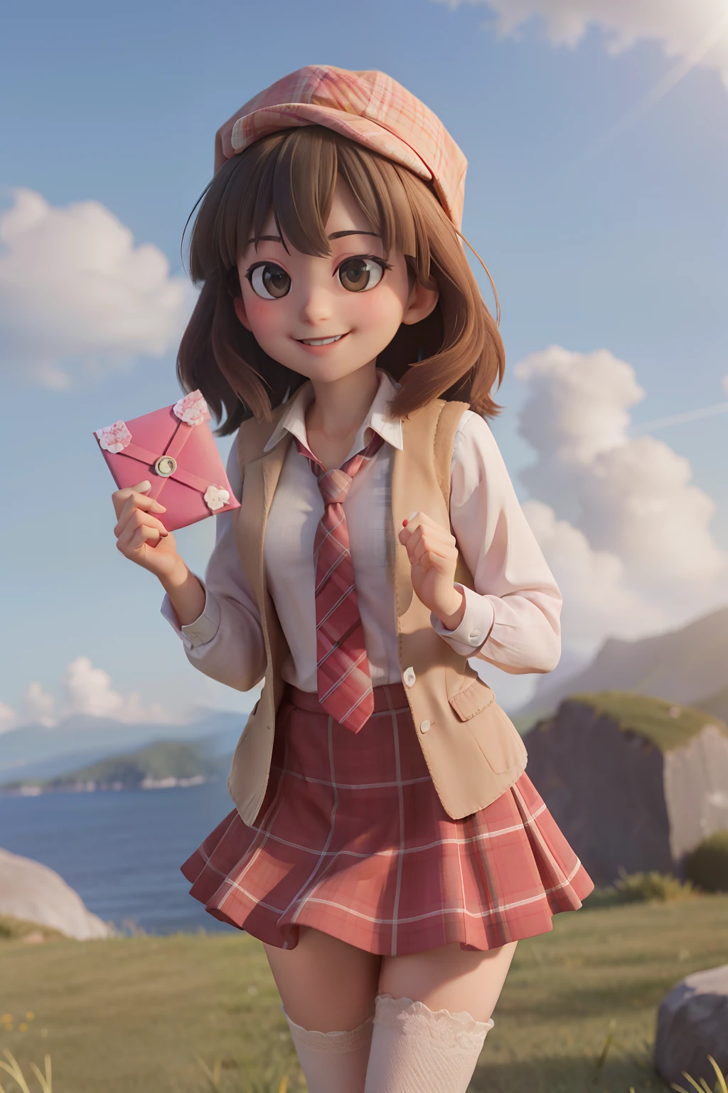 masterpiece, high quality best quality,1girl, bangs, beach, blue_sky, blush, bow, breasts, checkered, checkered_shirt, checkered_skirt, cloud, cloudy_sky, collarbone, day, envelope, giving, grass, hair_bow, heart, holding, holding_letter, horizon, incoming_gift, kazami_yuuka, leaning_forward, lens_flare, letter, light_rays, long_hair, looking_at_viewer, love_letter, mountain, mountainous_horizon, ocean, outdoors, plaid, plaid_background, plaid_bikini, plaid_bow, plaid_bowtie, plaid_bra, plaid_dress, plaid_headwear, plaid_jacket, plaid_legwear, plaid_necktie, plaid_neckwear, plaid_panties, plaid_pants, plaid_ribbon, plaid_scarf, plaid_shirt, plaid_skirt, plaid_vest, pov, shirt, skirt, sky, smile, solo, sun, sunbeam, sunlight, tree, unmoving_pattern