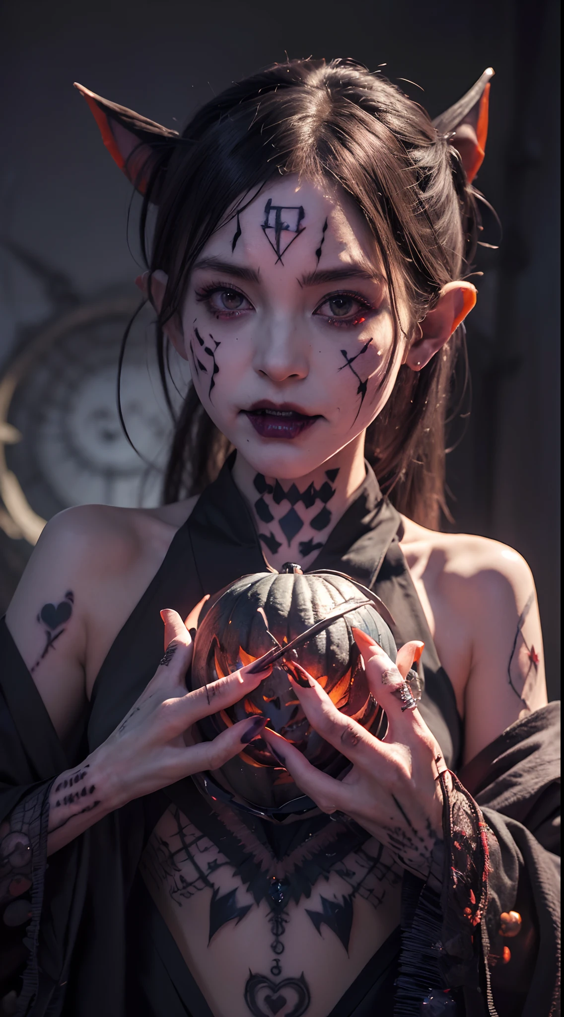 (Halloween，Halloween Witches，Bloody face tattoo makeup，With bloody fangs and pointed ears, Holding a giant jack-o-lantern,Witch totem and witch doodle，Crystal skeleton:1.65)，Delicate and transparent crystal gemstones，Inlaid skull，Ghost fire，Fluorescence，Halloween lanterns，Halloween witch in hat smiling, Fantasy magic, undercut hairstyle, dark light night, Intricate, elegant, Sharp focus, illustration, Highly detailed, Digital painting, concept-art, Mattire, art by WLOP and Artgerm and Greg Rutkowski and Alphonse Mucha, Masterpiece