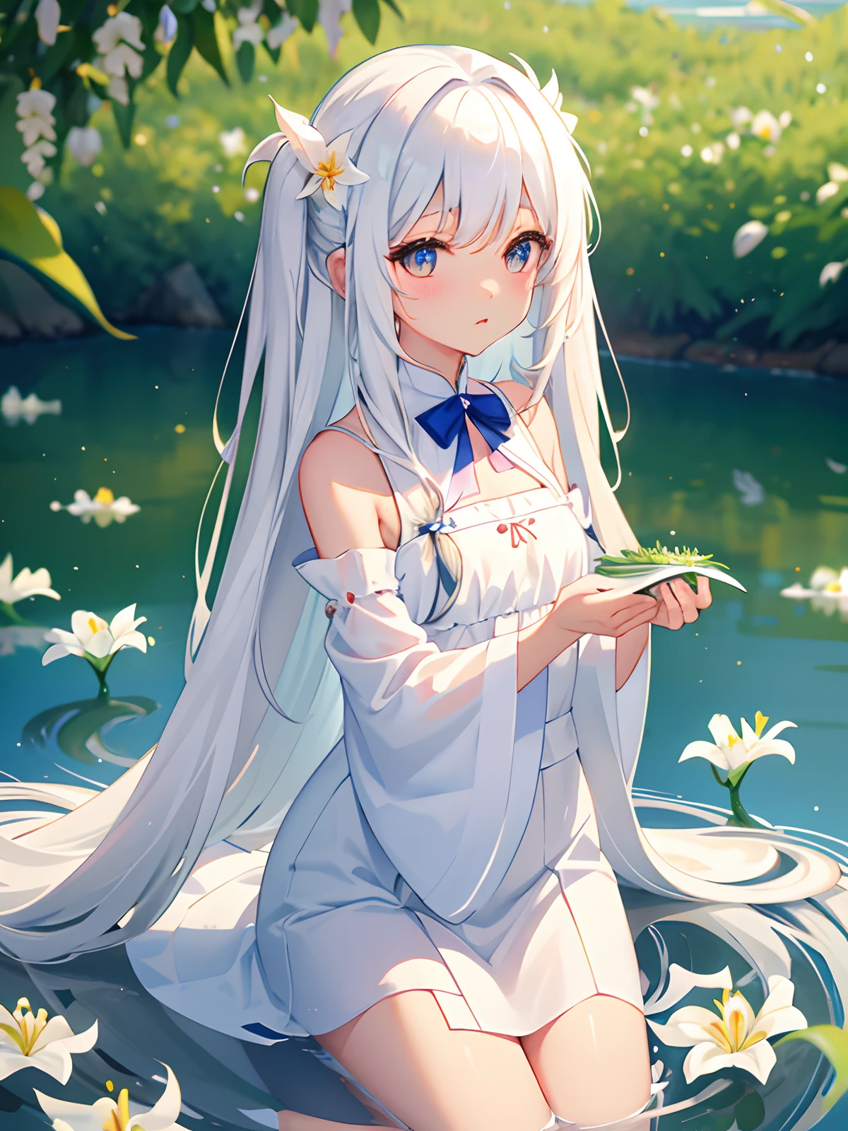 (long white hair)cute girly,(Wearing a white dress),Chu Chu's moving eyes,Holding lilies in both hands by the lake,Solo,full bodyesbian