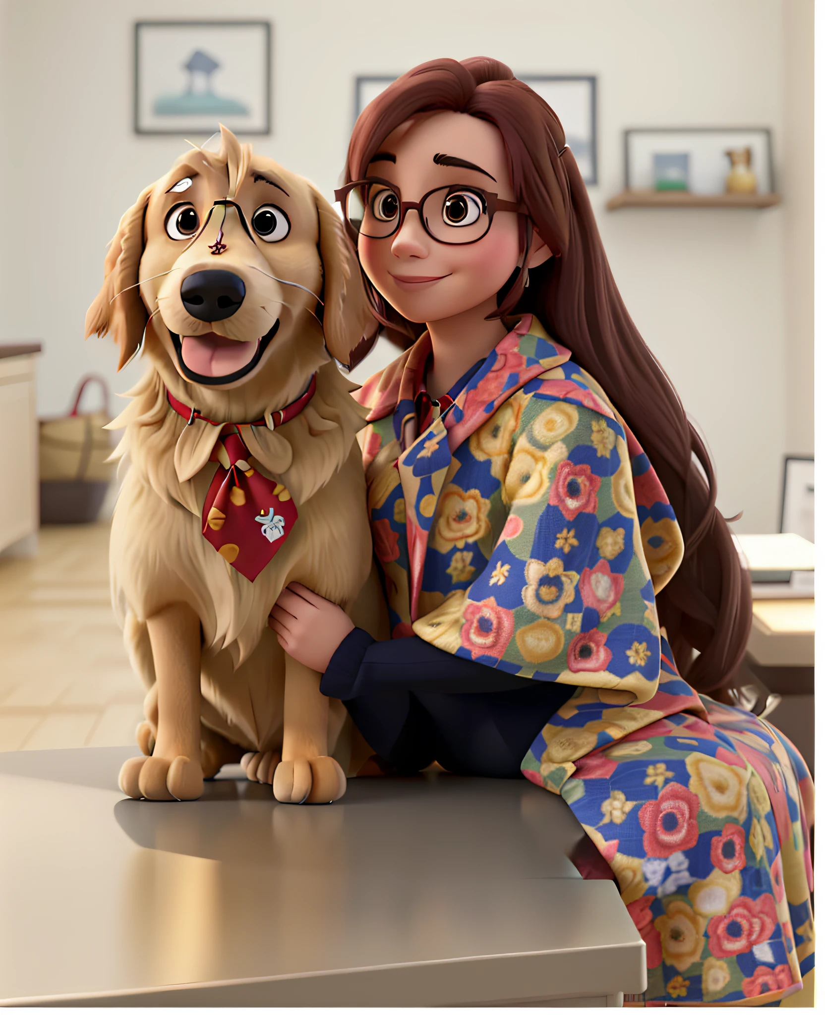 a woman with glasses and her golden retriever wearing only a red tie, estilo Disney pixer, alta qualidade, melhor qualidade