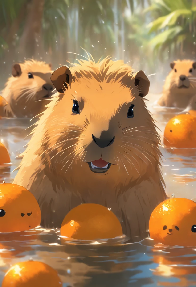 (best quality,4k,8k,highres,masterpiece:1.2),ultra-detailed,(realistic,photorealistic,photo-realistic:1.37),multiple capybara in natural hot spring, oranges floating in water,water droplets on fur,dappled sunny lighting,clear blue sky,relaxing and peaceful atmosphere,close-up of capybara faces and expressions,playful interactions between capybaras,fluffy and well-groomed fur,steam rising from the hot spring,rich green vegetation surrounding the hot spring,reflection of capybaras and oranges on the water surface,inviting and warm color tones,refreshing and citrus scent in the air,palm trees in the background,splashing water as the capybaras move,sparkling water droplets,tranquil and serene environment,subtle hint of mist,crystal clear water,smooth and realistic textures,lush and vibrant landscape,harmony between nature and wildlife,abundant energy and joyful ambiance.