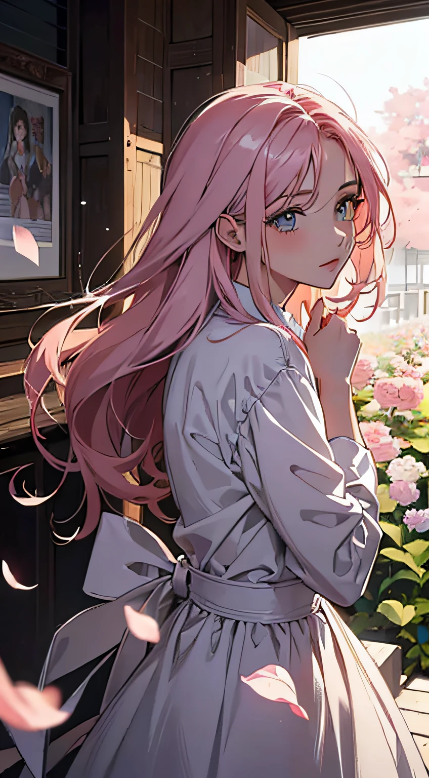 (melhor imagem, qualidade escandalosa, master part, 8k, arte da capa, romance, estilo anime, arte digital, beautiful illustration), (morning, Entrada na escola, flower petals, soft lighting, Beautiful), 1 adolescente muito bonita, cabelos longos, Rosa, olhos verdes, rosto perfeito, Corpo Perfeito, (no expression)