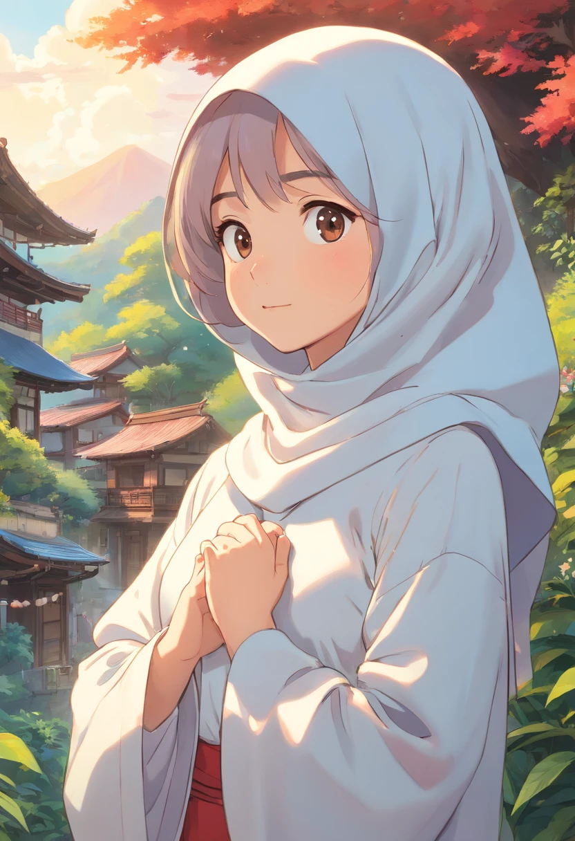 there is a woman wearing a white shirt, inspired by Nazmi Ziya Guran, hijab, malaysian, inspired by Ma Yuanyu, inspired by Kim Jeong-hui, inspired by Naza, inspired by Ni Yuanlu, scarf, shawl, inspired by Lü Ji, at sunrise, head scarf, a young asian woman, white hijab