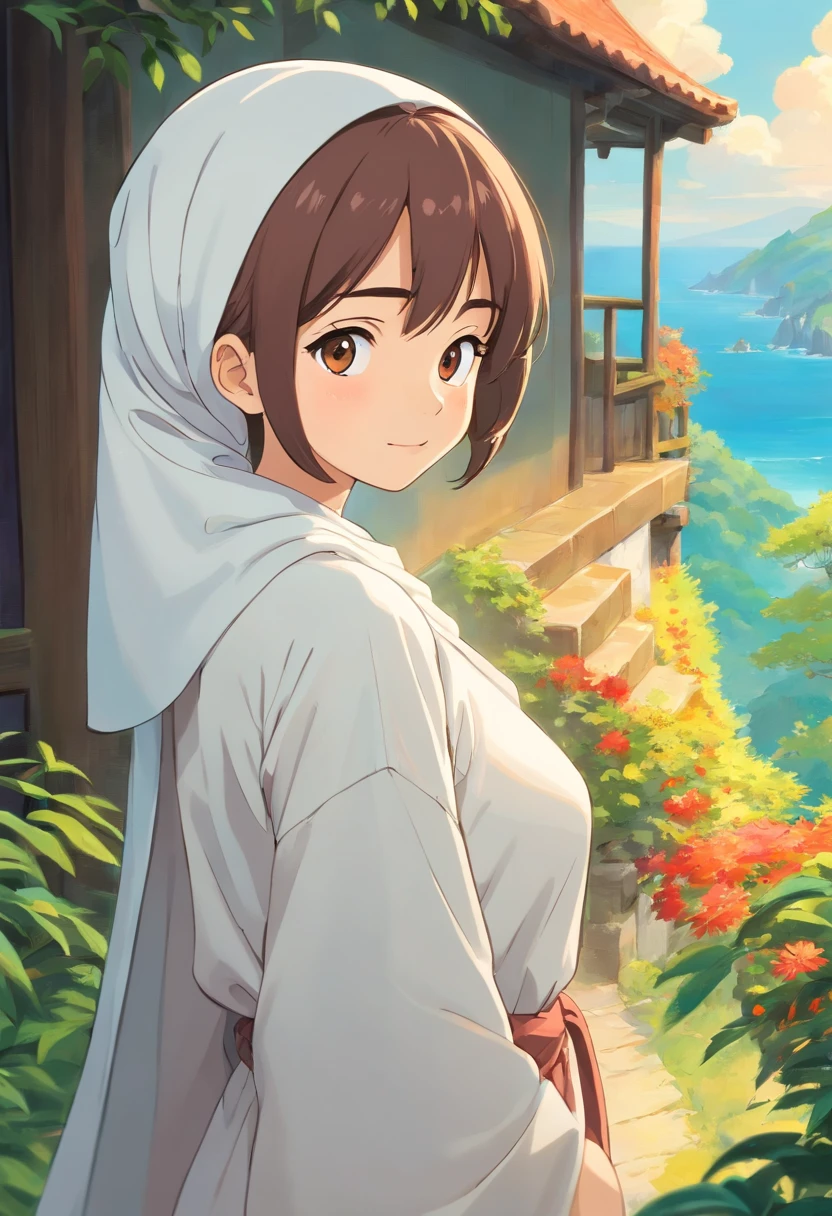 there is a woman wearing a white shirt, inspired by Nazmi Ziya Guran, hijab, malaysian, inspired by Ma Yuanyu, inspired by Kim Jeong-hui, inspired by Naza, inspired by Ni Yuanlu, scarf, shawl, inspired by Lü Ji, at sunrise, head scarf, a young asian woman, white hijab
