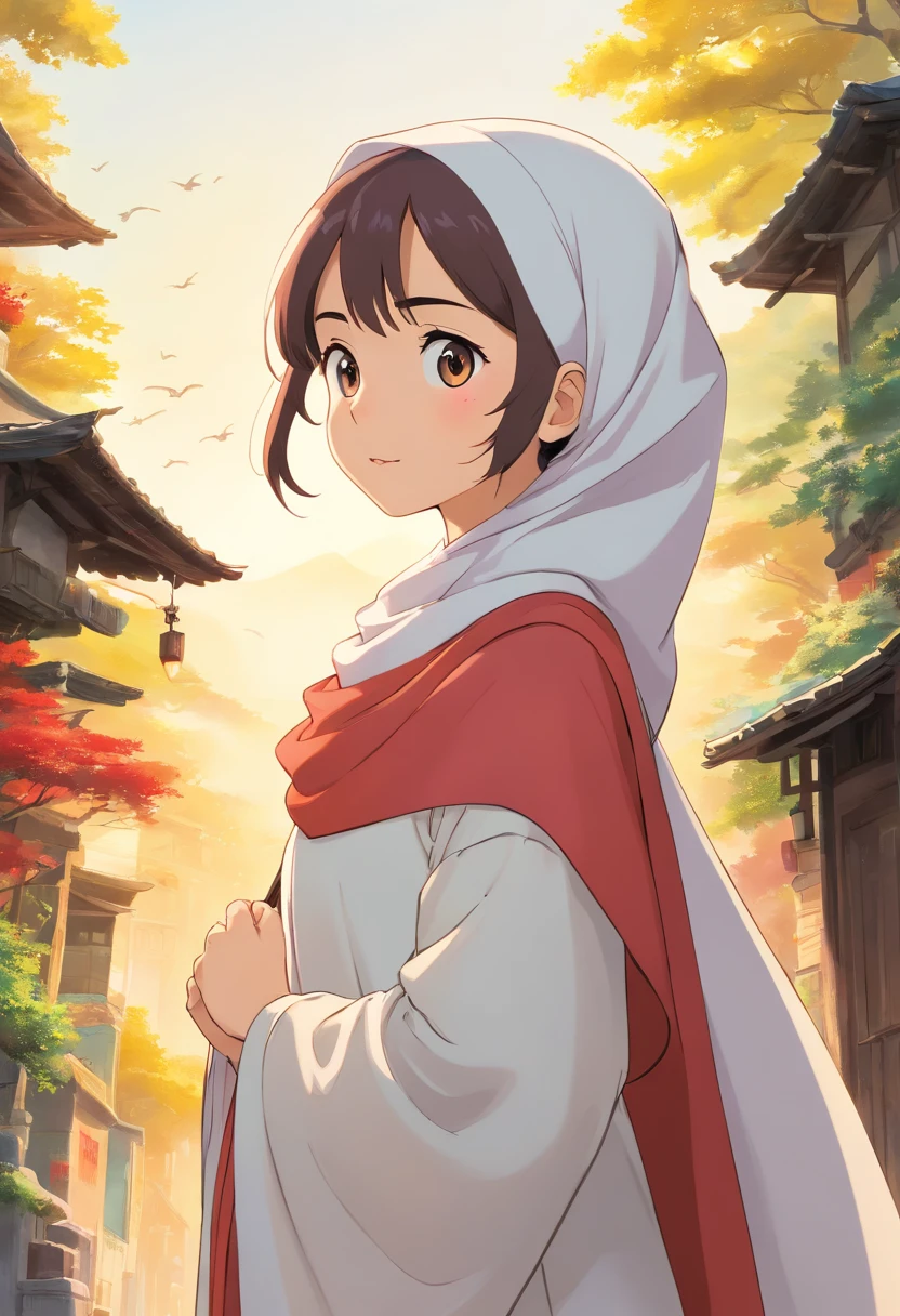 there is a woman wearing a white shirt, inspired by Nazmi Ziya Guran, hijab, malaysian, inspired by Ma Yuanyu, inspired by Kim Jeong-hui, inspired by Naza, inspired by Ni Yuanlu, scarf, shawl, inspired by Lü Ji, at sunrise, head scarf, a young asian woman, white hijab