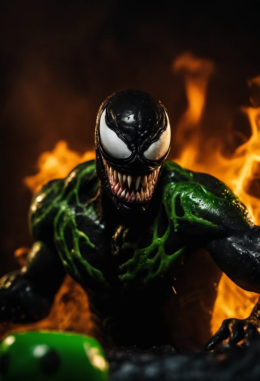 Venom in slime form combined with Spongebob, evil, enemy, dark scene, smoke, fire