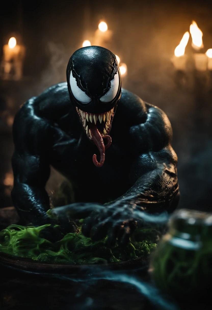 Venom in slime form combined with Spongebob, evil, enemy, dark scene, smoke, fire