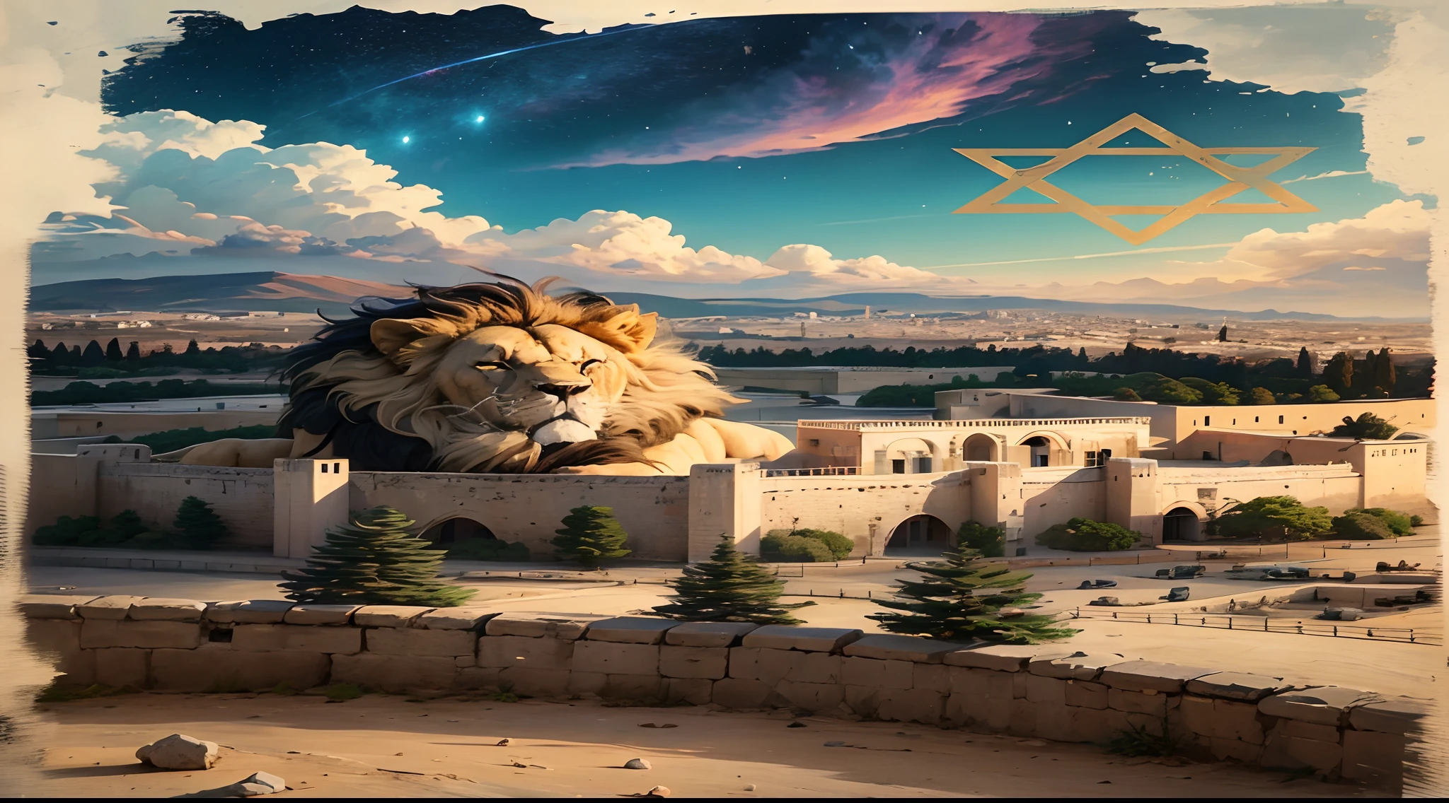 make a picture of the landscape of Jerusalem, in sky, the Star of David and the lion of the tribe of Judah;. em alta qualidade