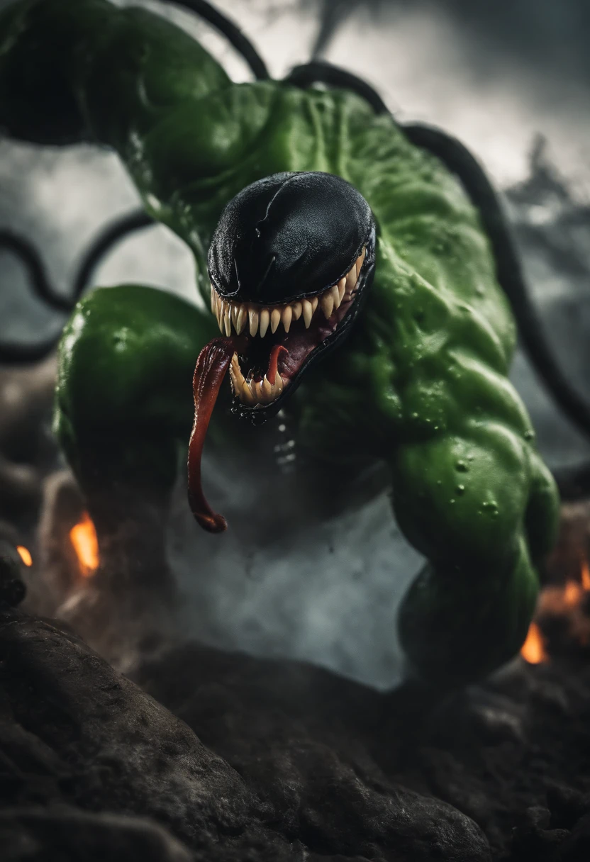 Venom in slime form combined with Spongebob, evil, enemy, dark scene, smoke, fire