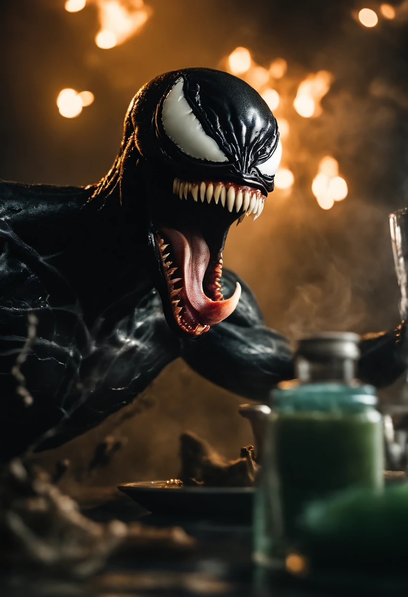 Venom in slime form, scary, long tongue , evil, enemy, fighting, attacking pose, screeming, fire, explosions