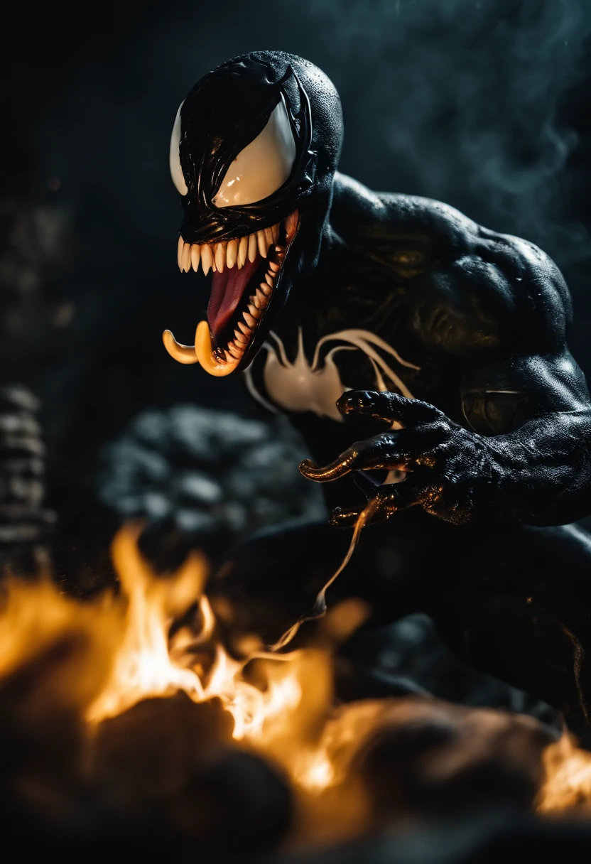 Venom in slime form combined with Spongebob, evil, enemy, dark scene, smoke, fire