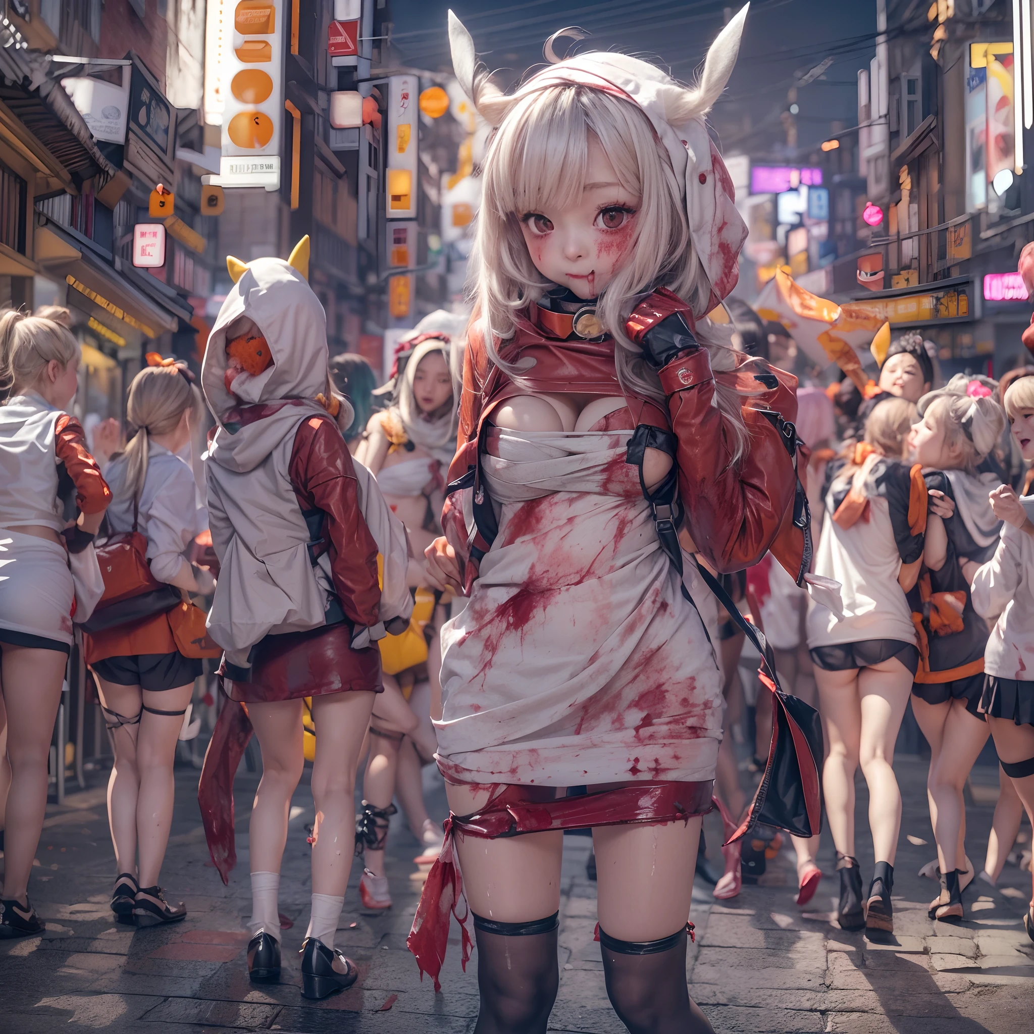 (((SFW, NSFW STILL SHOW, 12 Tiny Girls in a row:1.2, Shibuya Hachiko-mae scramble crossing on Halloween:1.2))), ((masterpiece:1.2, best quality, photorealistic:1.37)), {(Standing Full Body:1.2)|(from below:1.2)}, bandaged full body, (bandaged head and limbs), ((naked bandage)), {((bloody))|blood paste|(Red-stained bandages)}, ((Detailed KAWAII face, Detailed glistening ivory skin)), {Bustling street|Crossroads|(Passerby schoolgirls)| halloween| neon}, {(Childish:1.2|Gigantic Cleavage:1.37|Underboob:1.2)}, {Red leather high collar| random weapons|shotgun|Pikachu hood|random hair colors}, {Floating hair|Strong wind|(((Ass focus)))}, Skirtlift, {(Kissing face to face)|:p|:d|laugh|sparkle|joyful|delighted|Drunk},extremely Detailed,