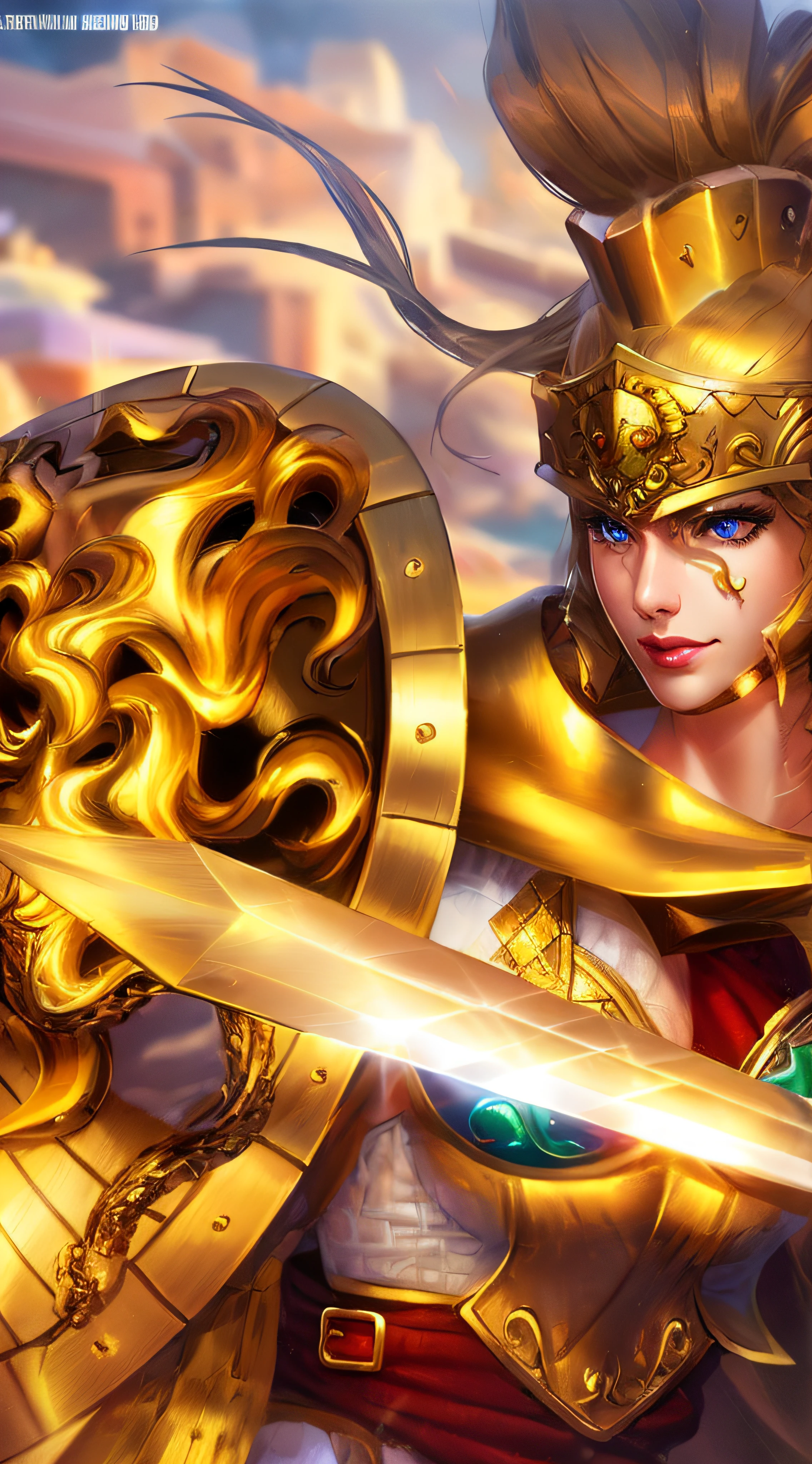 a close up of a woman in armor holding a sword and shield, artgerm detailed, golden goddess athena, greek goddess athena, lady in red armor, artgerm style, artgerm', the god athena, artgerm comic, venus godness athena, extremely detailed artgerm, artgerm art, female warrior, style of artgerm