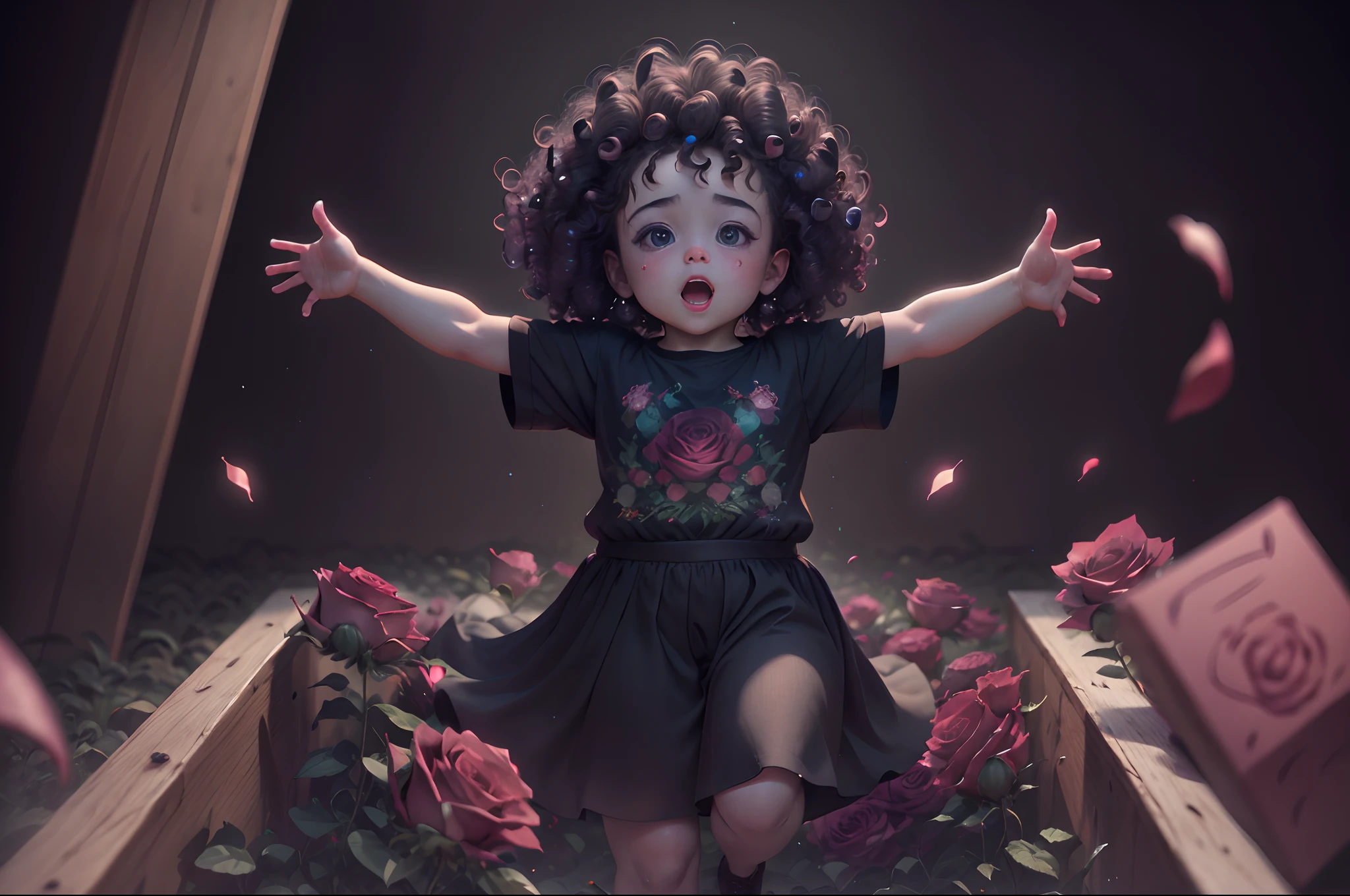 Little chubby girl with curly hair and dancing inside a big red rose