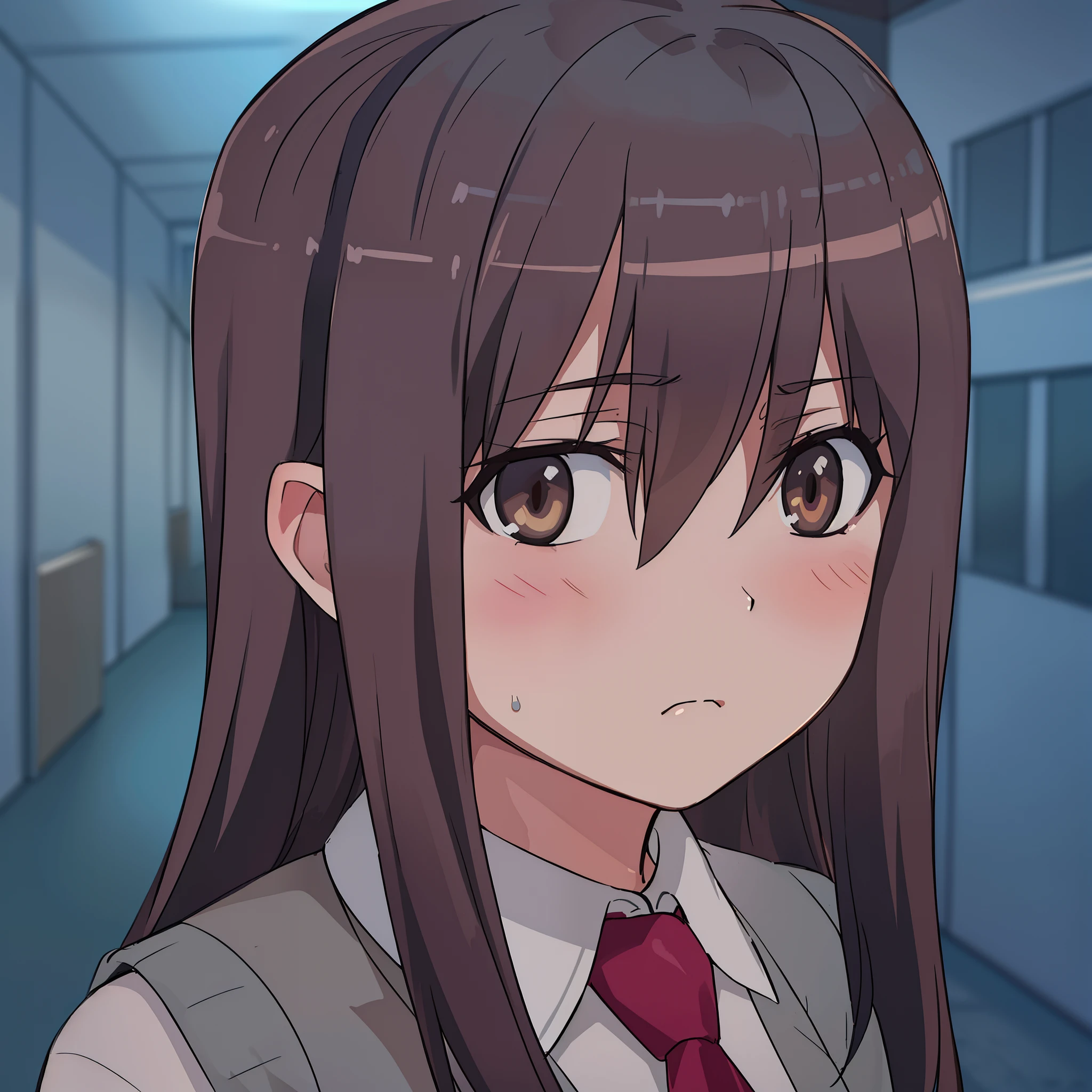 hiquality, tmasterpiece (one girls) brown-hair. brown eye. high school uniform. sad face. Against the background of the school corridor