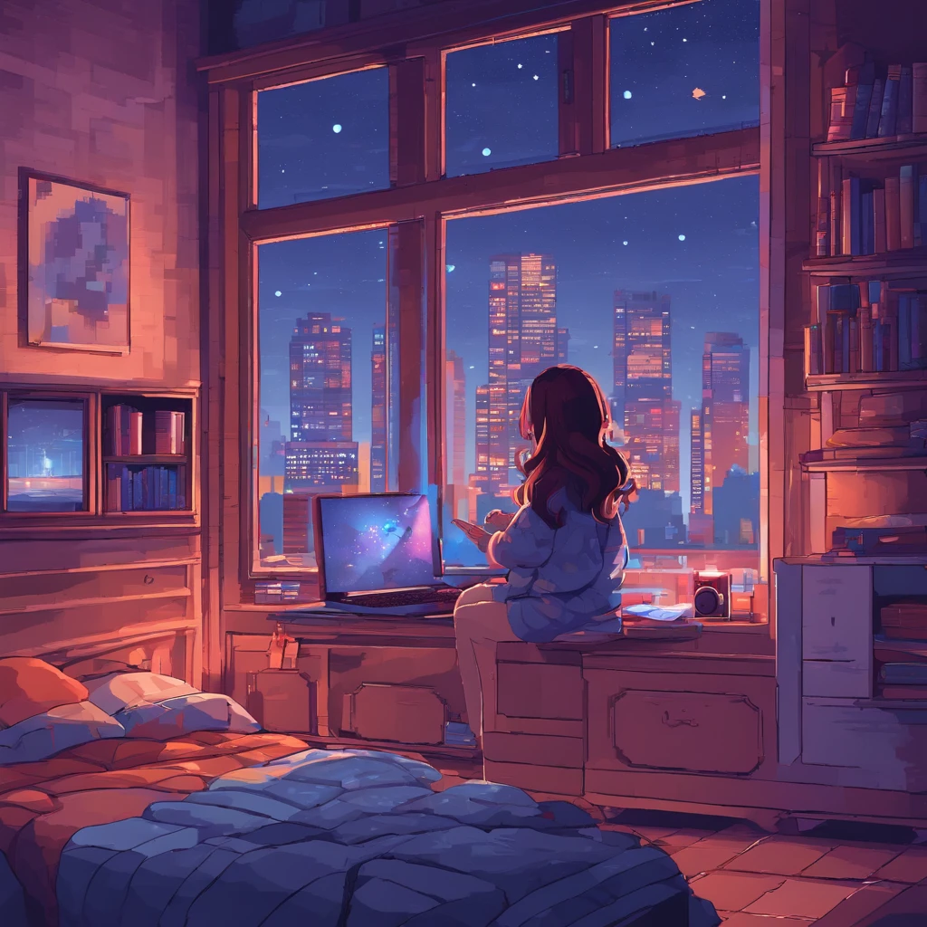 Beautiful  girl in her room in the city Waring Earpads Studding a Computer Book Infront Stars in Window at Night Hyper Realistic,8k,HD ultra detalhado,Estilo Pixar,High definition,1920x1080