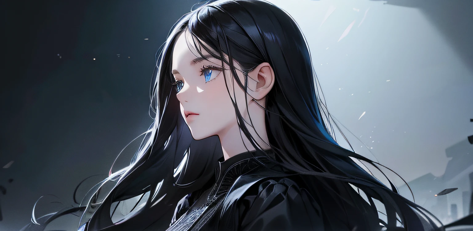 1 girl, high resolution, long black hair, blue eyes, wearing cute and modest black dress, not confident, weak, scared, detailed face, dark background, ultrasharp, 8K, masterpiece, looking at the sides