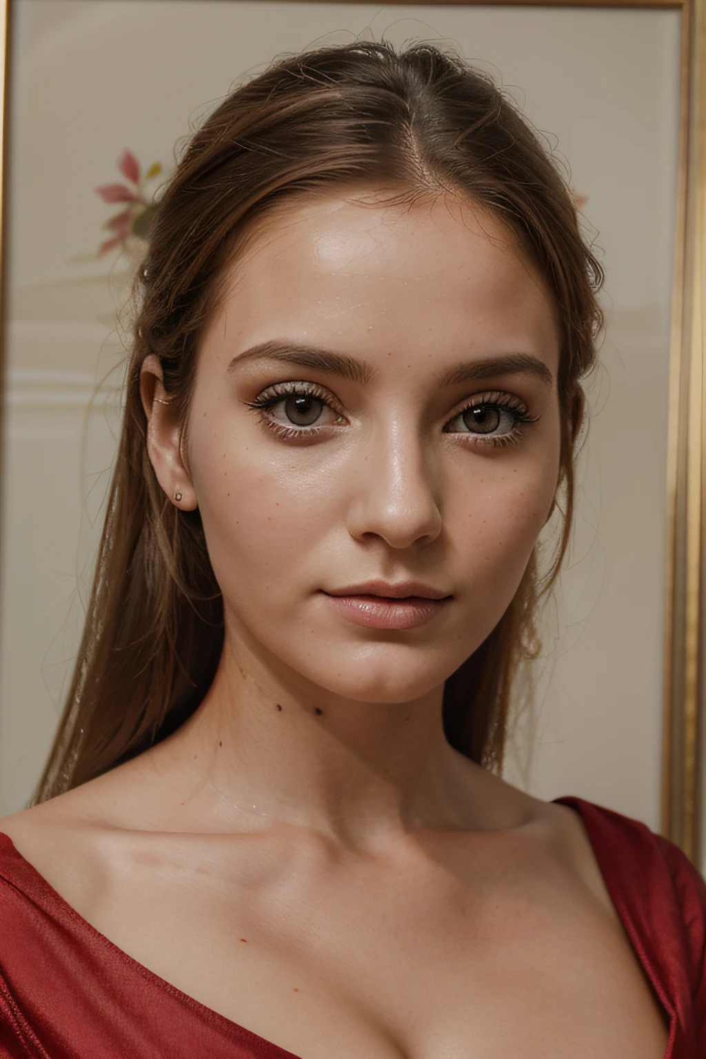 Mulher inglesa, cabelos longos soltos, vestido vermelho decotado, pintura digital foto realista, lindo rosto atraente, modelo feminino bonito, rosto bonito foto realista, mulher jovem bonita, foto de retrato de pintura fosca, foto de meio corpo.