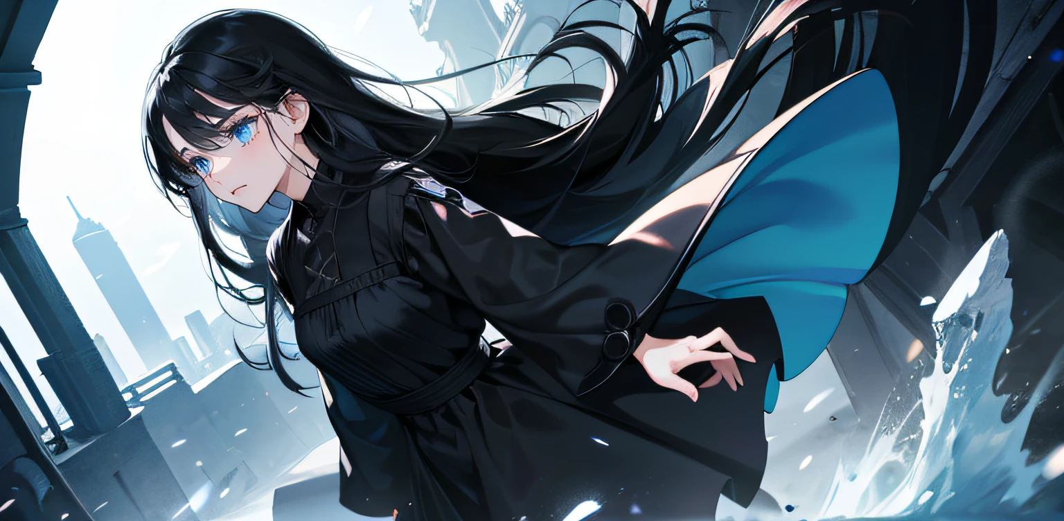 1 girl, high res, long black hair, blue eyes, wearing cute and modest black dress, sad, darkness, frustrated, hesitation, scared, ultrasharp, 8K, masterpiece