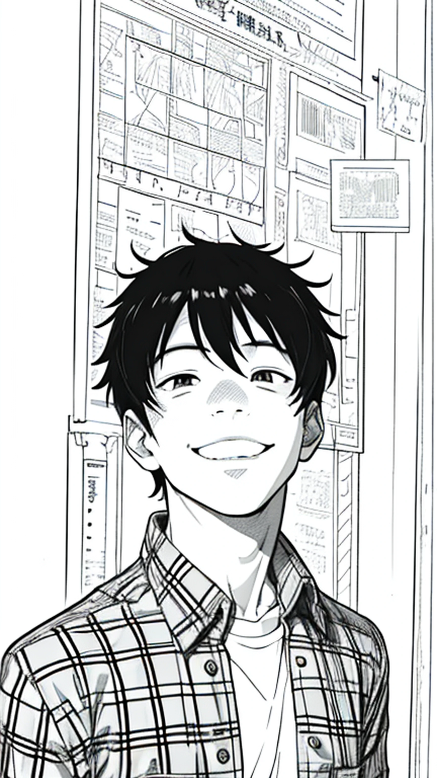 1boy, solo, black hair,  wearing a red flannel shirt, smile, looking at viewer, lineart, monochrome, tatsuki fujimoto, manga