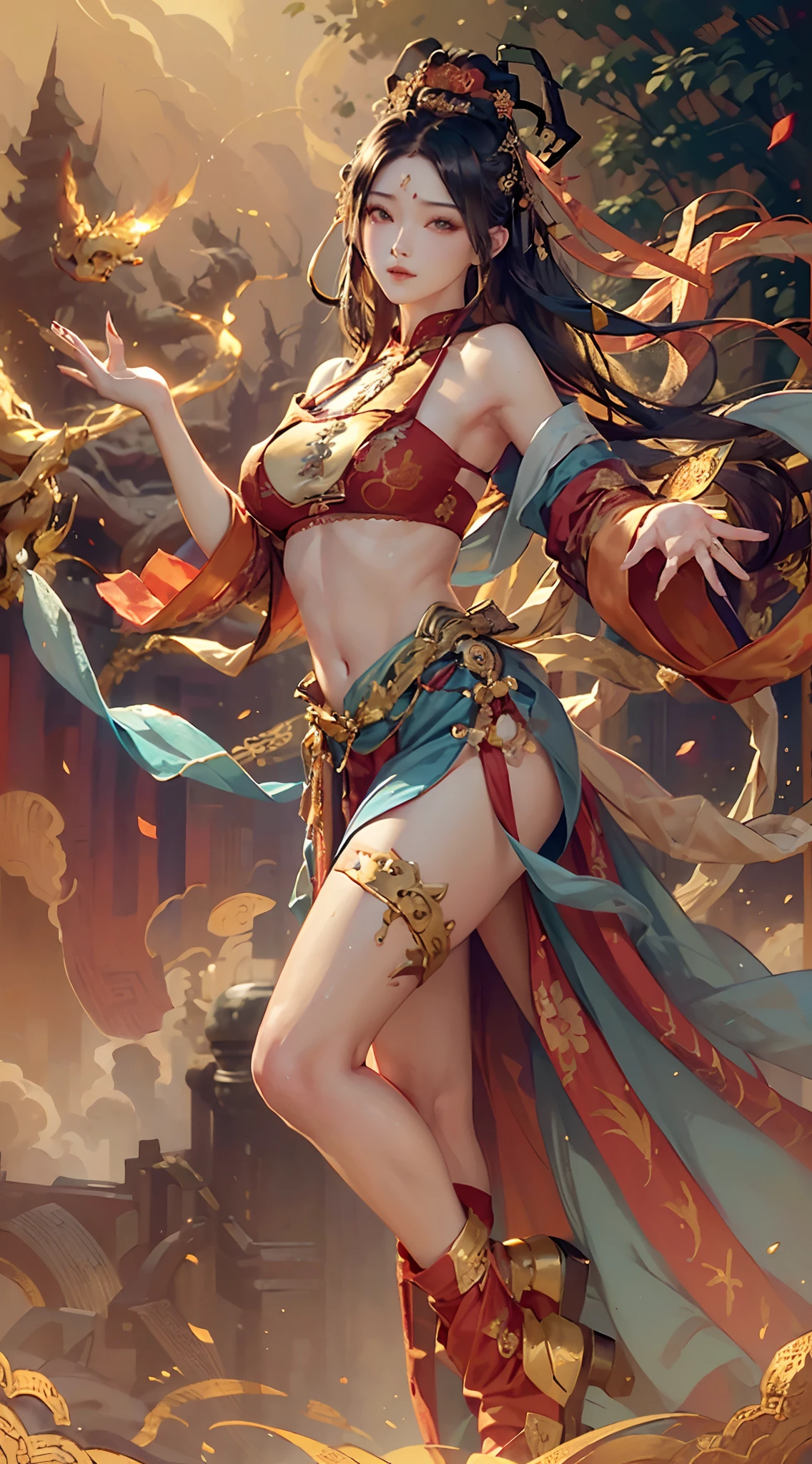 (Masterpiece: 1.2, Best Quality), (Very Detailed Face, Real Pictures, Realistic Skin, Realistic Body, Intricate Details), (High Quality), (Watercolor: 1.3), Pretty Girl, Brunette Hair, Bun All Rolled High, Green Top, Fringed and Gold Ornaments, Jewels on Belly Pollar, Wide Armband with Gold Pattern on the Arm, Red Silk Linked to the Armring, Flying in the Wind, Red and Yellow Long Dress Embroidered with Colorful Patterns, Gorgeous Belt Made of Various Gold Ornaments and Tassel Gemstones, Decoration, Dunhuang Style, Dunhuang Mogao Grottoes, Watercolor Style