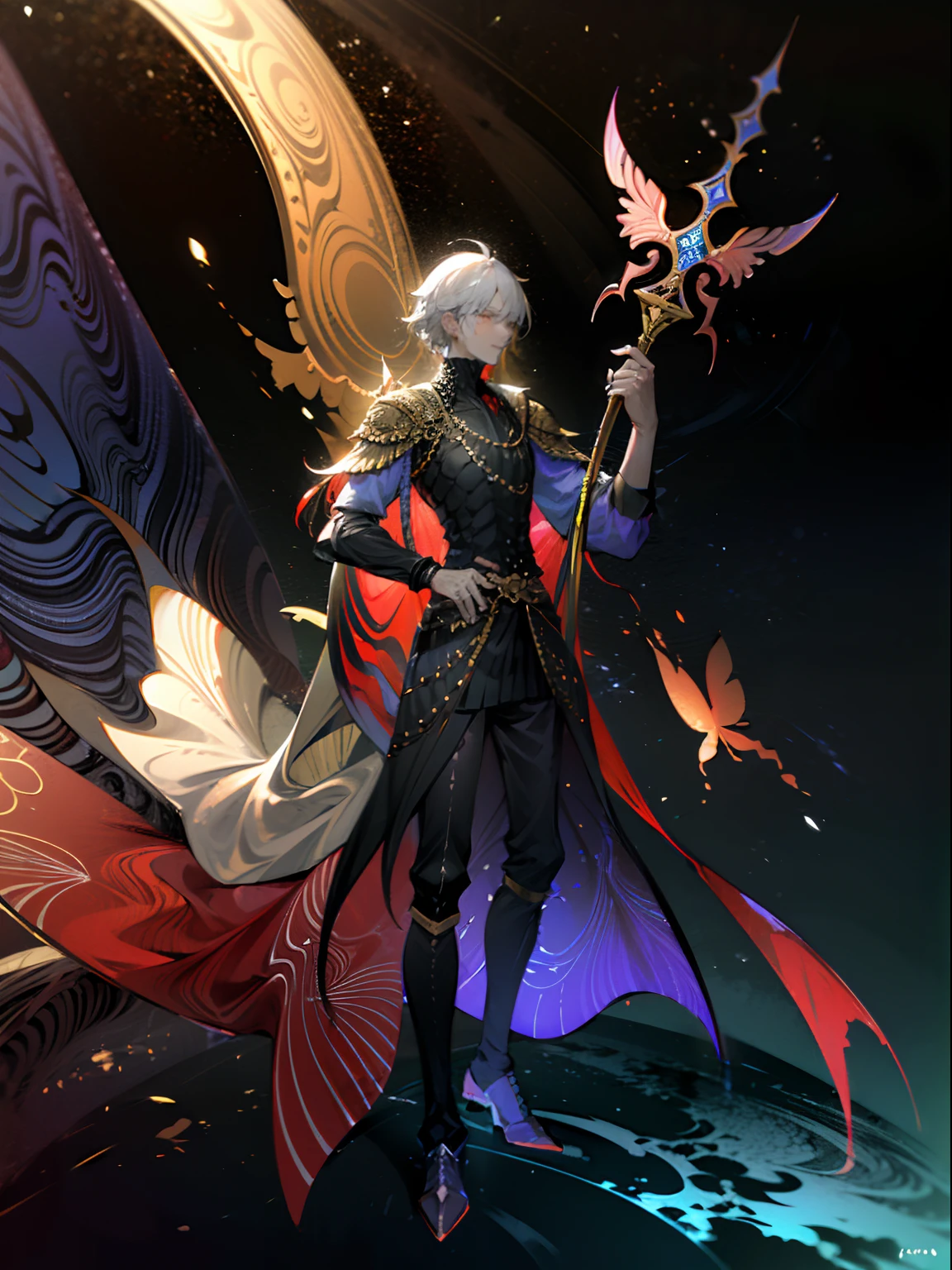 masterpiece, (dark:1.4), butterfly, rpg style, 1 man, tall handsome man, royal knight, sword, armor, blood