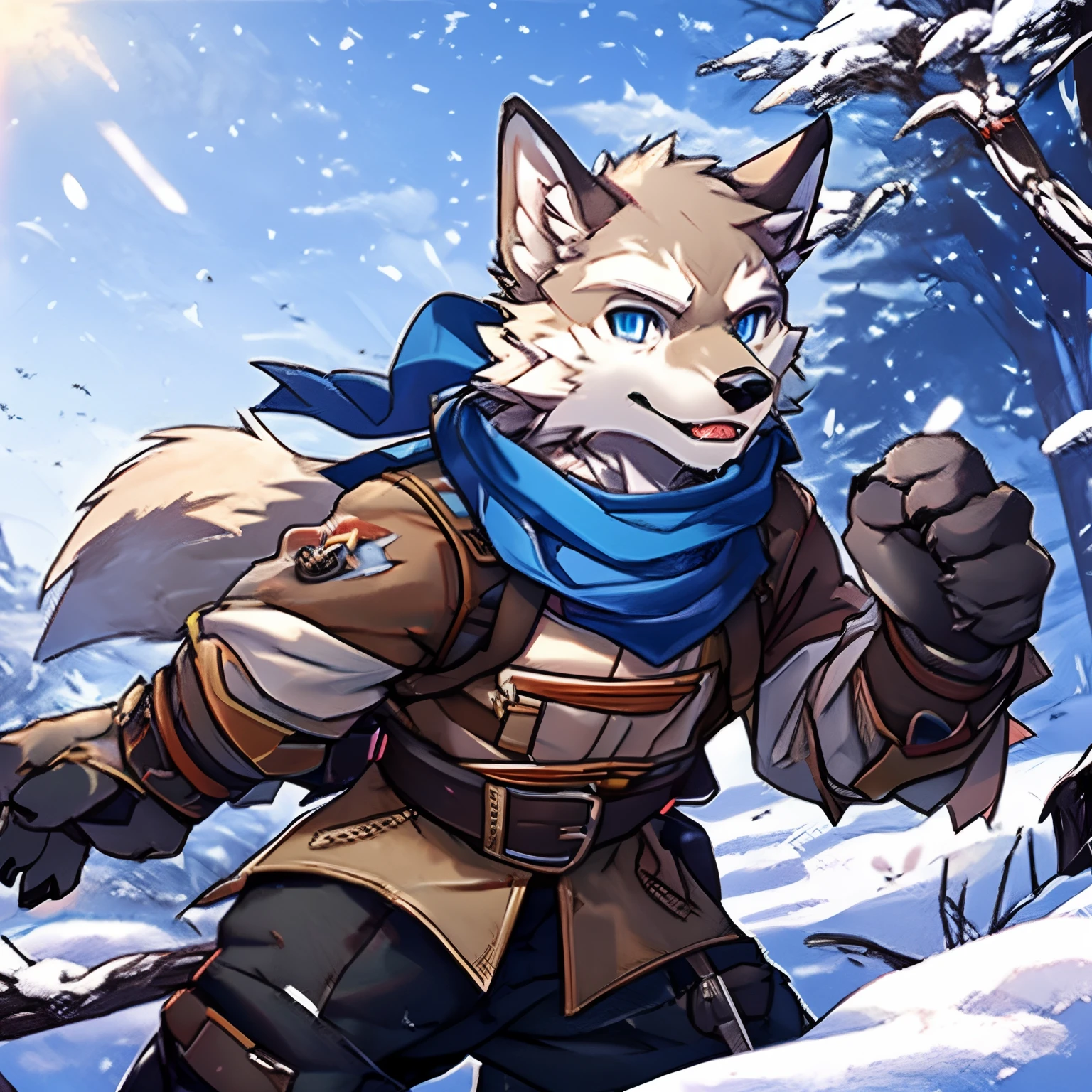 High detail,hyper qualit,high resolution,1080p,solo person,Furry,(Male wolves:1.3),(White fur:1.3),White skin,White ears,blue colored eyes,sharp talons,(Fluffy tail:1.2),With a torn blue triangular scarf, Masculine, Background with (snow mountains, Blizzard，The light is dim), solo person，Arctic Fox Boy, Wearing a hunter's fur coat, Wear hunter pants, Wear hunter boots, Wear hunter gloves, holding a longbow, The expression is fierce, With a serious expression.