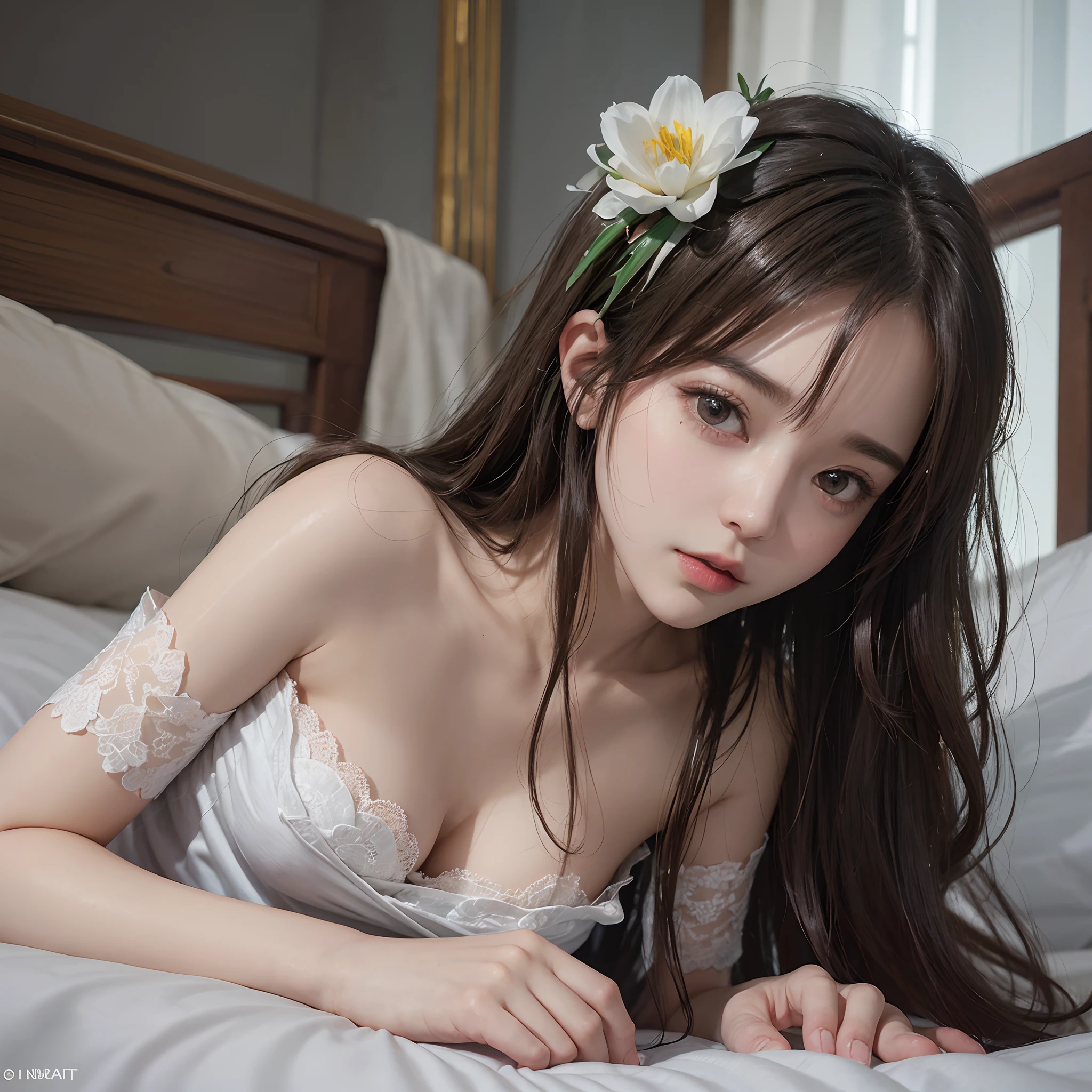 One girl, long hair, white clothes, cleavage, white stockings, lying down, crotch open, sperm, legs open, knee open, embarrassed, blushing, on bed, masturbation, bra removed, sweaty, white underwear, wet underwear, thin, sensual, sexual arousal, tears, frontal, pee, supple, masturbating, finger insertion, sperm, looking at camera, putting hand inside underwear