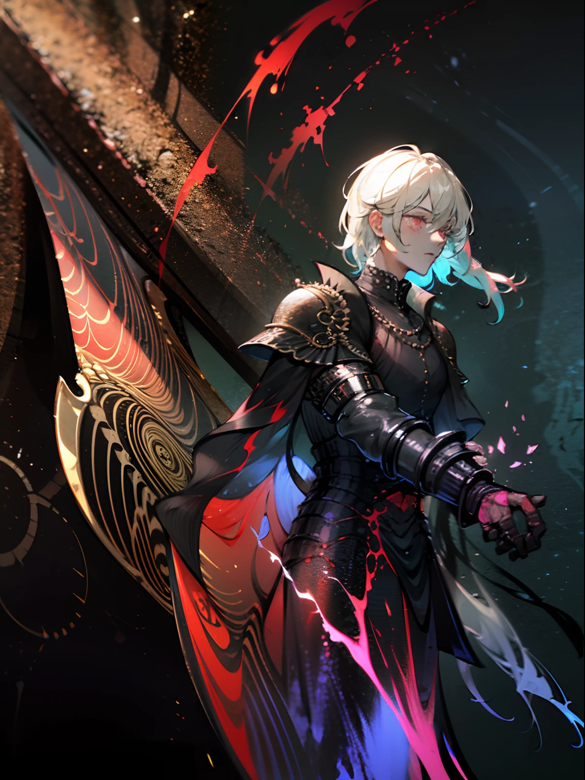 masterpiece, (dark:1.4), butterfly, rpg style, 1 man, tall handsome man, royal knight, sword, armor, blood