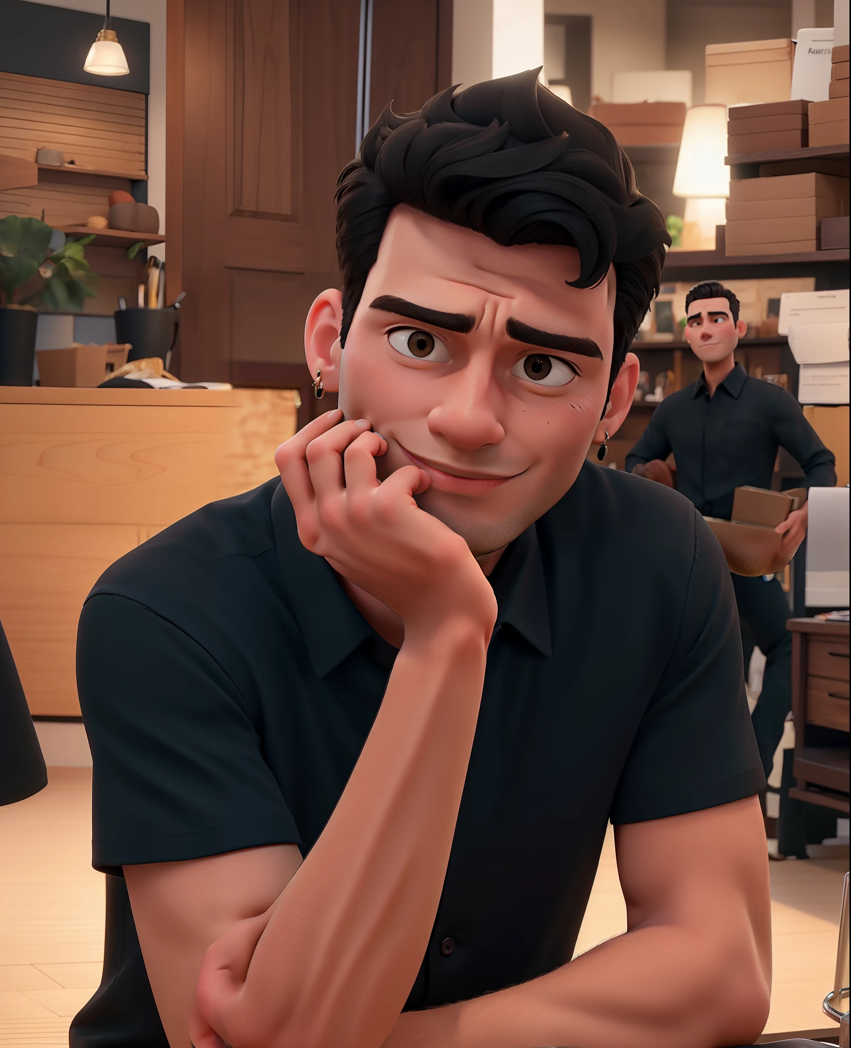 masterpiece, best quality, a guy, black shirt, earrings, thinking