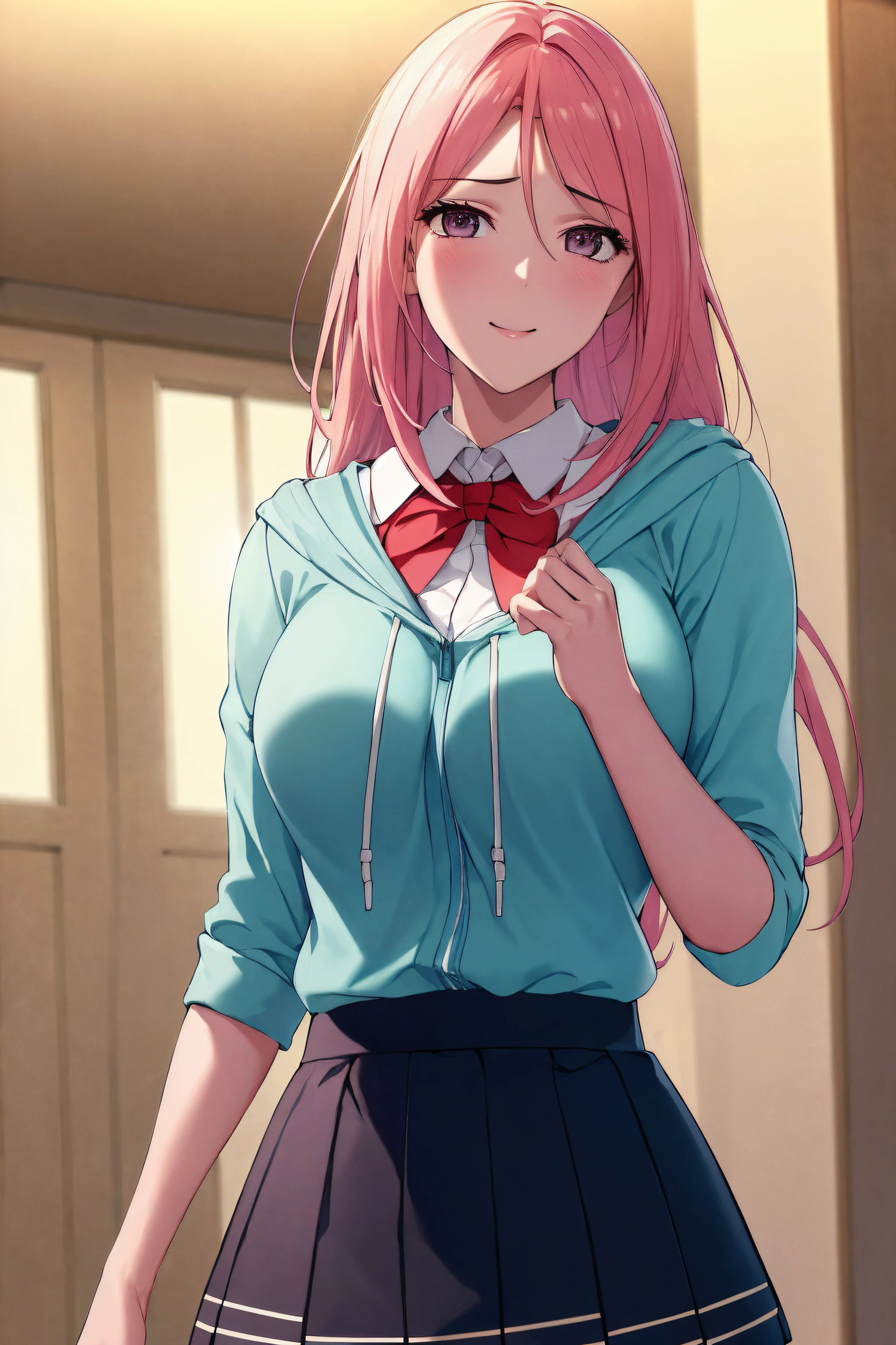 (masterpiece, best quality:1.2), cowboy shot, solo, 1girl, momoi satsuki, smile, looking at viewer, school uniform, hoodie, bow, skirt,NSFW,official art,extremely detailed CG unity 8k wallpaper, perfect lighting, (masterpiece:1.0),(best_quality:1.0), ultra high res,4K,ultra-detailed, photography, 8K, HDR, highres, absurdres:1.2, Kodak portra 400, film grain, blurry background, bokeh:1.2, lens flare, (vibrant_color:1.2),(beautiful_face:1.5),(narrow_waist),(perfect hands, perfect anatomy),