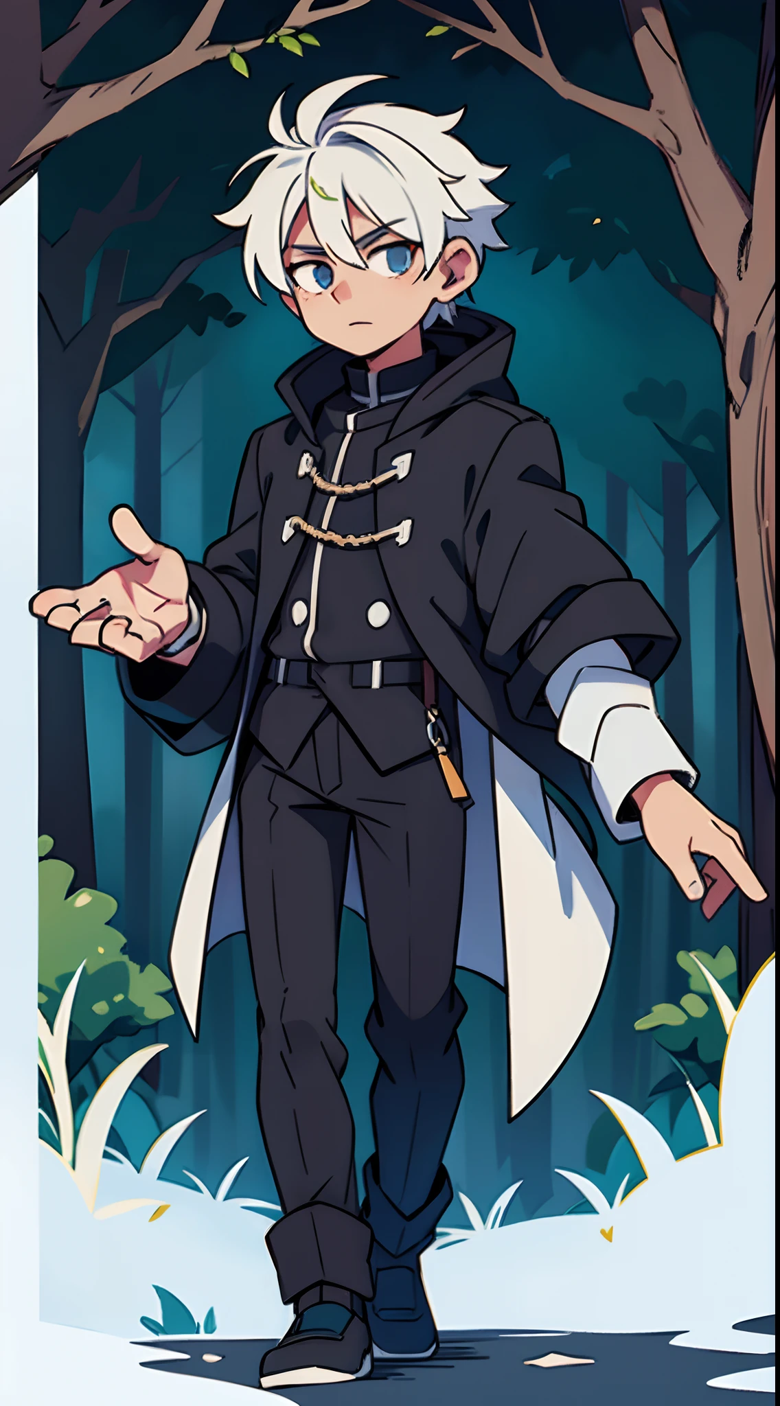 1 male, white haired, black coat, in forest, night time, high quality, hands crossed