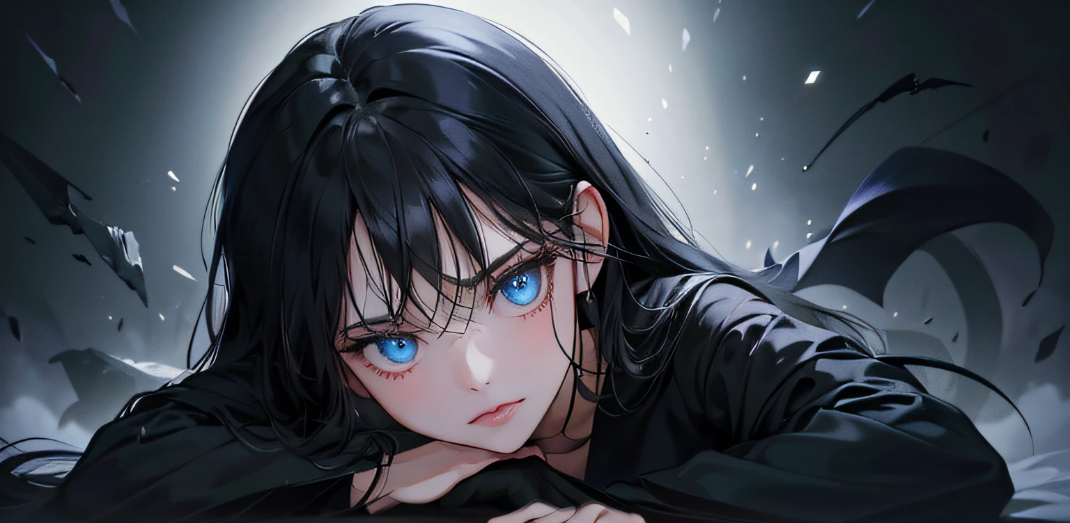 1 girl, high res, long black hair, blue eyes, wearing cute and modest black dress, darkness, frustrated, hesitation, scared, detailed face, dark background, ultrasharp, 8K, masterpiece