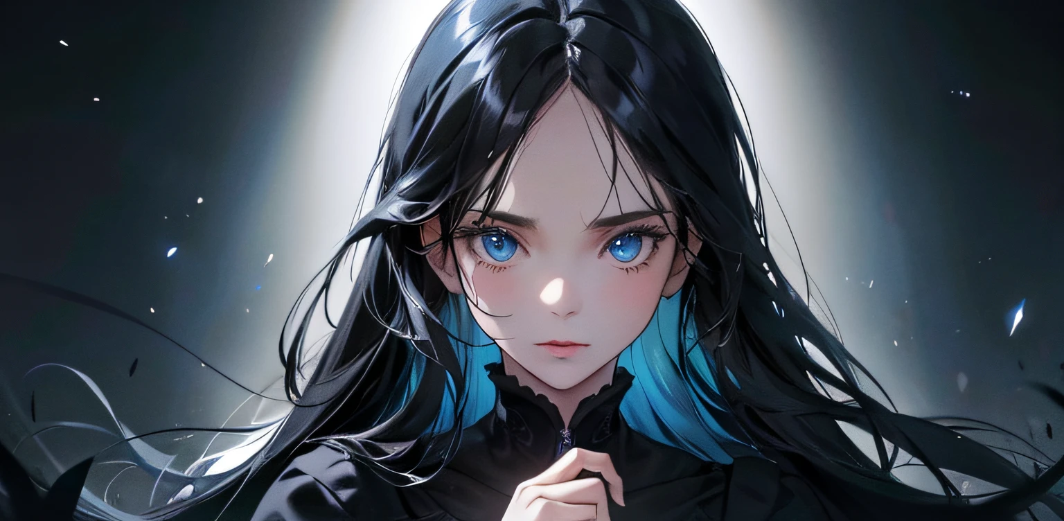 1 girl, high res, long black hair, blue eyes, wearing cute and modest black dress, darkness, frustrated, hesitation, scared, detailed face, dark background, ultrasharp, 8K, masterpiece