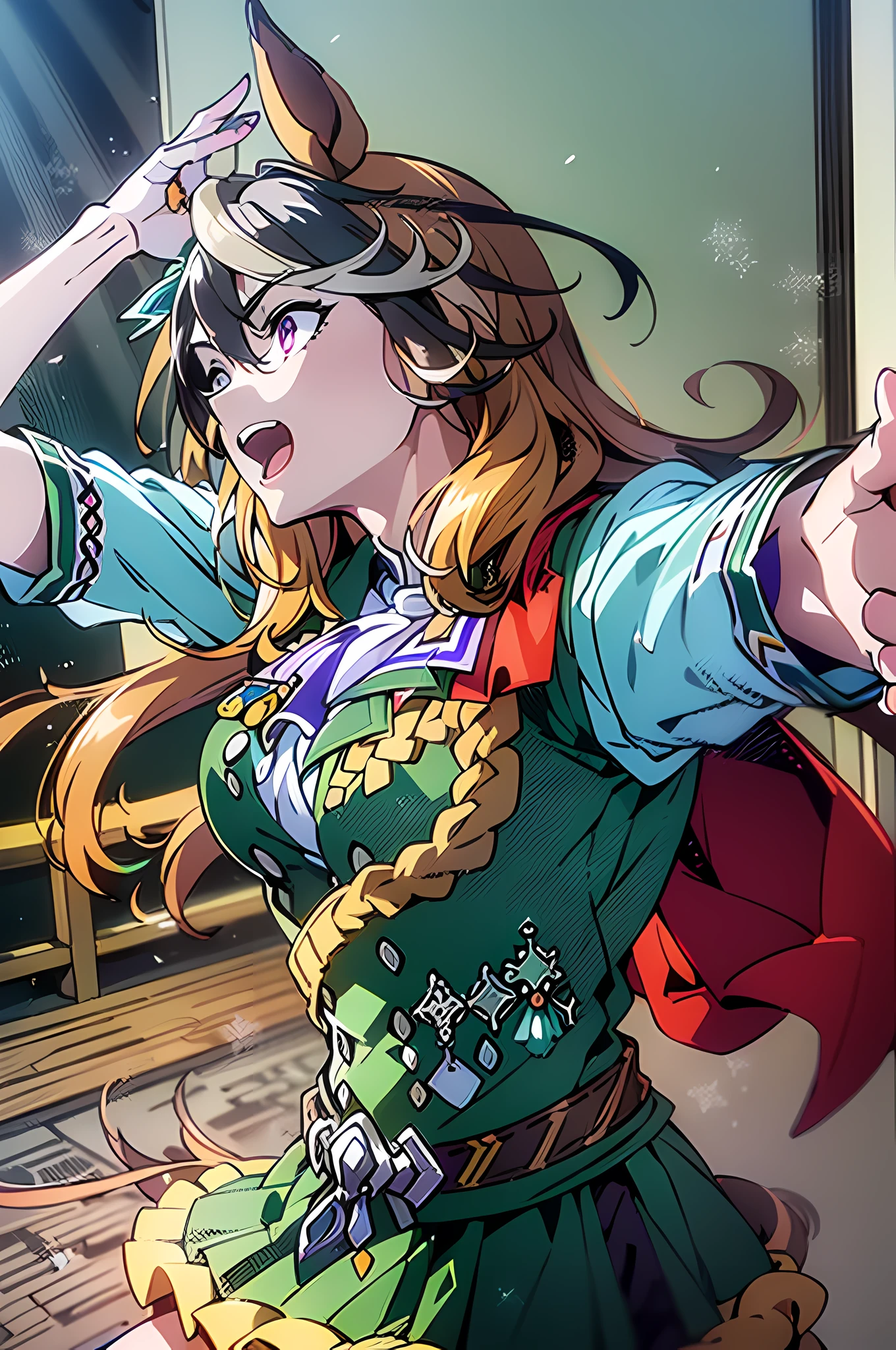 (top-quality:1.3), (​masterpiece:1.4),(Anatomically correct), (Full limbs),(complete fingers),(Precise fingertips), (Fine details),(8K),Photorealista,(Super Detail),(90s Anime,9 0 s anime,9 0 s anime style,anime cels,cel shaded anime),(Symbolic Rudolph (Umamusume):1.52), horse ear, animal ear, 独奏, Horse Girl, tailed, Horse's tail, thighs thighs thighs thighs, brown haired, gloves, length hair, O cabelo multicolorido, black thighhighs, white glove, epaulette, Single epaulette, striated hair, Cape, a purple eye, red cape, jewely, ascot, long-sleeve, white  hair, Black footwear, 耳Nipple Ring, White Ascot, Single earring, skirt by the, Ezirre, (Green jacket:1.5), frilld, jaket, hair between eye, (Green skirt:1.5), Ruffled skirt, a closed mouth, bangss, buttoning, gold trim, a belt, Green dress, doress, medal, 
(Running), (1人の女性:1.5), Beautiful face, Intense lighting),raw, Dramatic light,Violence Everywhere,(joyous expression:1.4), (Raging Eyes:1.2), ),spell magic, Magic Circle, ((magic in hand)),(using light magic:1.14),imaginative overlays, artistic fusion,fantastical scenes, evocative narratives, striking visuals,