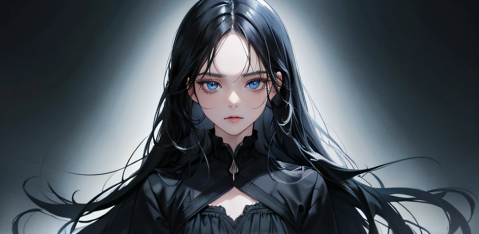 1 girl, high res, long black hair, blue eyes, wearing cute and modest black dress, weak, frustrated, hesitation, scared, detailed face, dark background, ultrasharp, 8K, masterpiece