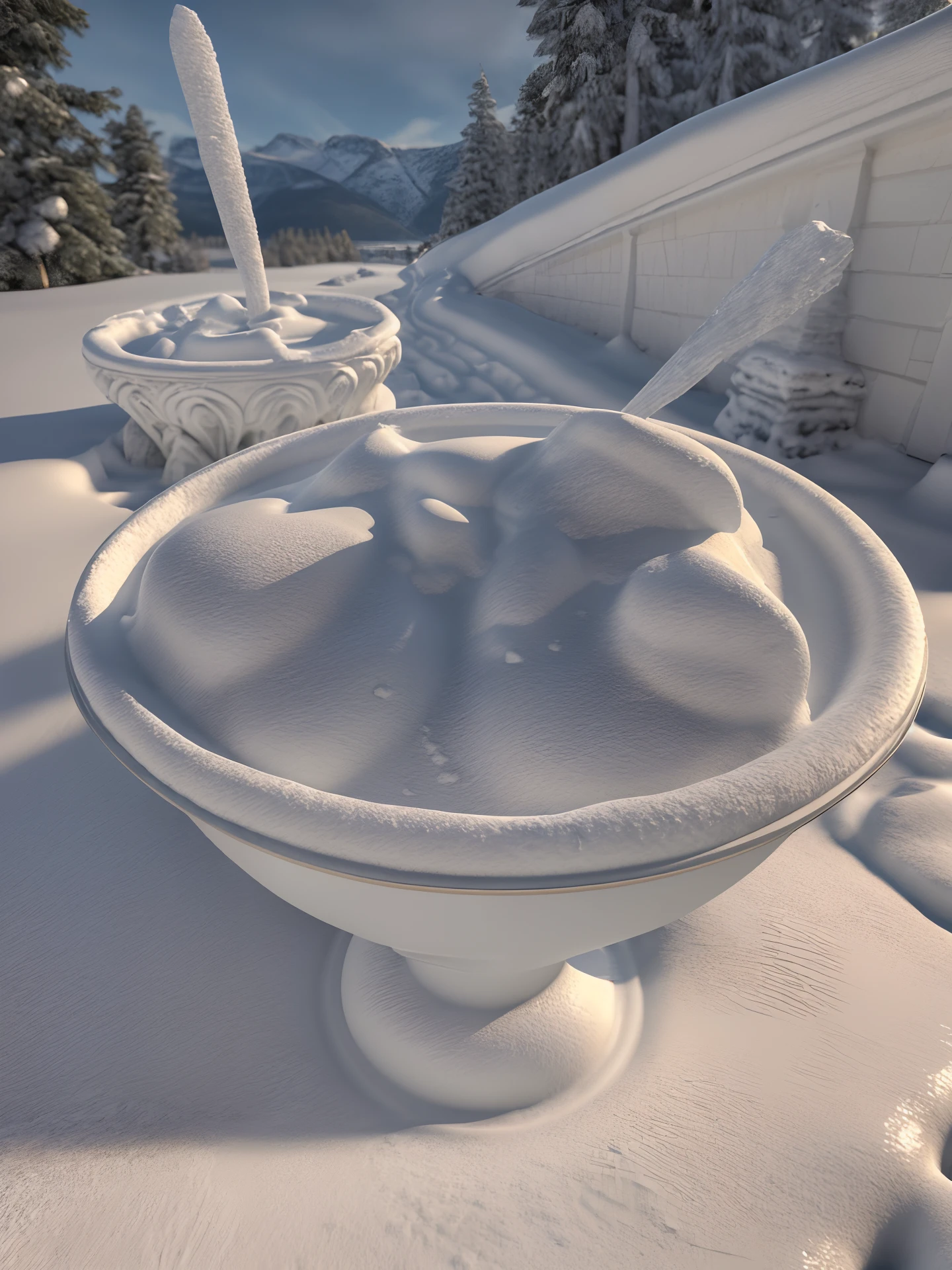 exterior, winter palace, building in Nordic, classical architecture, sharp details, sunset light, snowy sky, located in the woods, high rocky mountain landscape, there is water, white wall paint, stone material, paved walkway, big grass, photo quality high, 8k photo, render vray