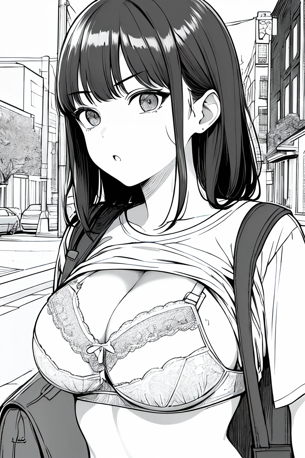 ​masterpiece, top-quality, 1girl in, dead eyes, serious, drool, a school bag, A dark-haired, Black eyes, a street, monochromes, line-drawing、(flashing bra), big boobs, cleavage, bra, tshirt
