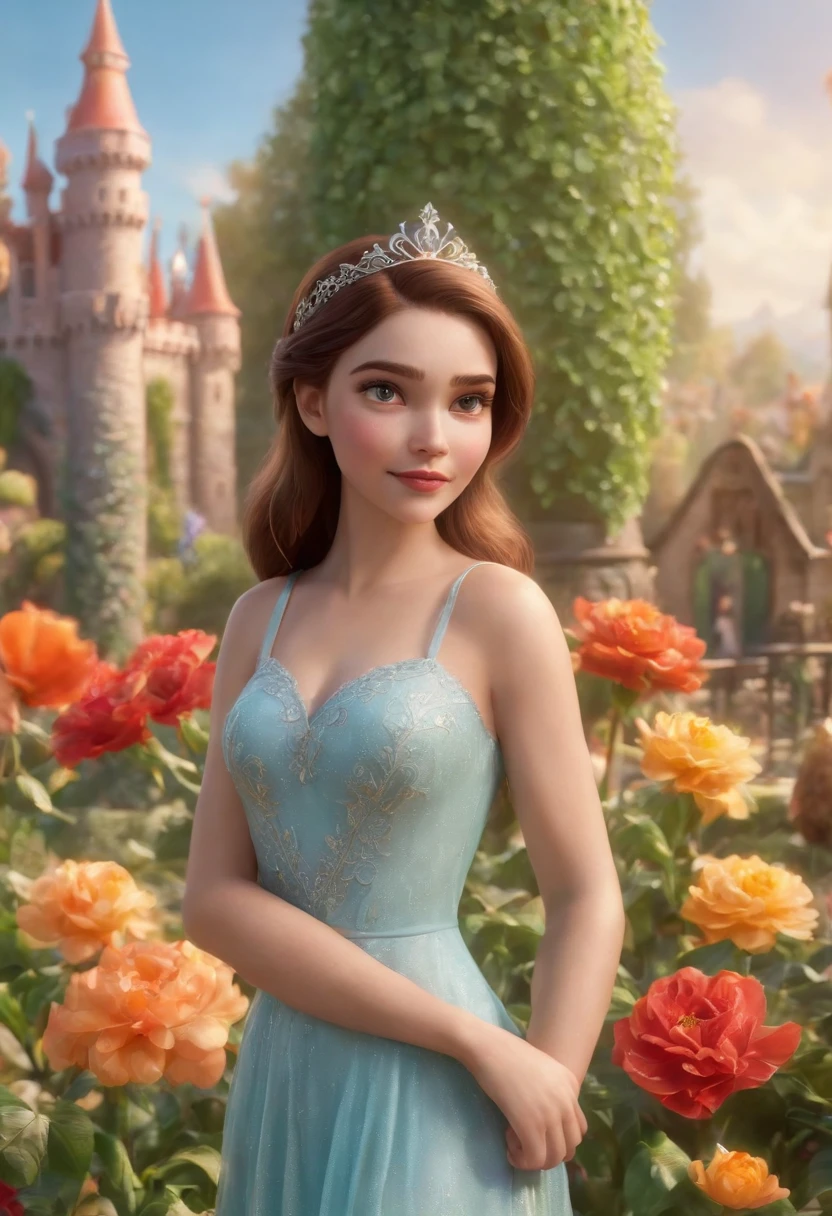 A girl with beautiful detailed eyes, beautiful detailed lips, and an extremely detailed face, long eyelashes, surrounded by Disney Pixar characters. The girl is standing in a vibrant garden full of colorful flowers and lush greenery. The garden is bathed in warm sunlight, creating a cheerful and inviting atmosphere. The girl is wearing a Disney Pixar-themed outfit, showcasing her love for the characters. The scene is rendered in a photorealistic style, with vivid colors and sharp focus. The image quality is of the highest standard, with ultra-detailed elements and realistic textures. The overall tone of the artwork is bright and lively, capturing the magic and joy of Disney Pixar films. The lighting is carefully designed to enhance the depth and dimension of the scene, creating a captivating visual experience.